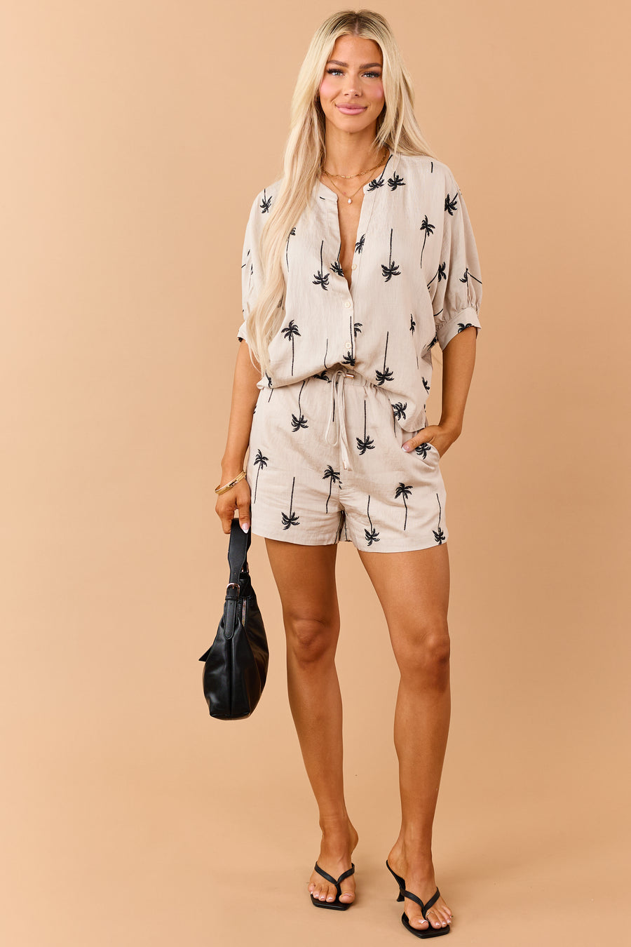 Oatmeal Palm Tree Embroidered Elastic Waist Shorts