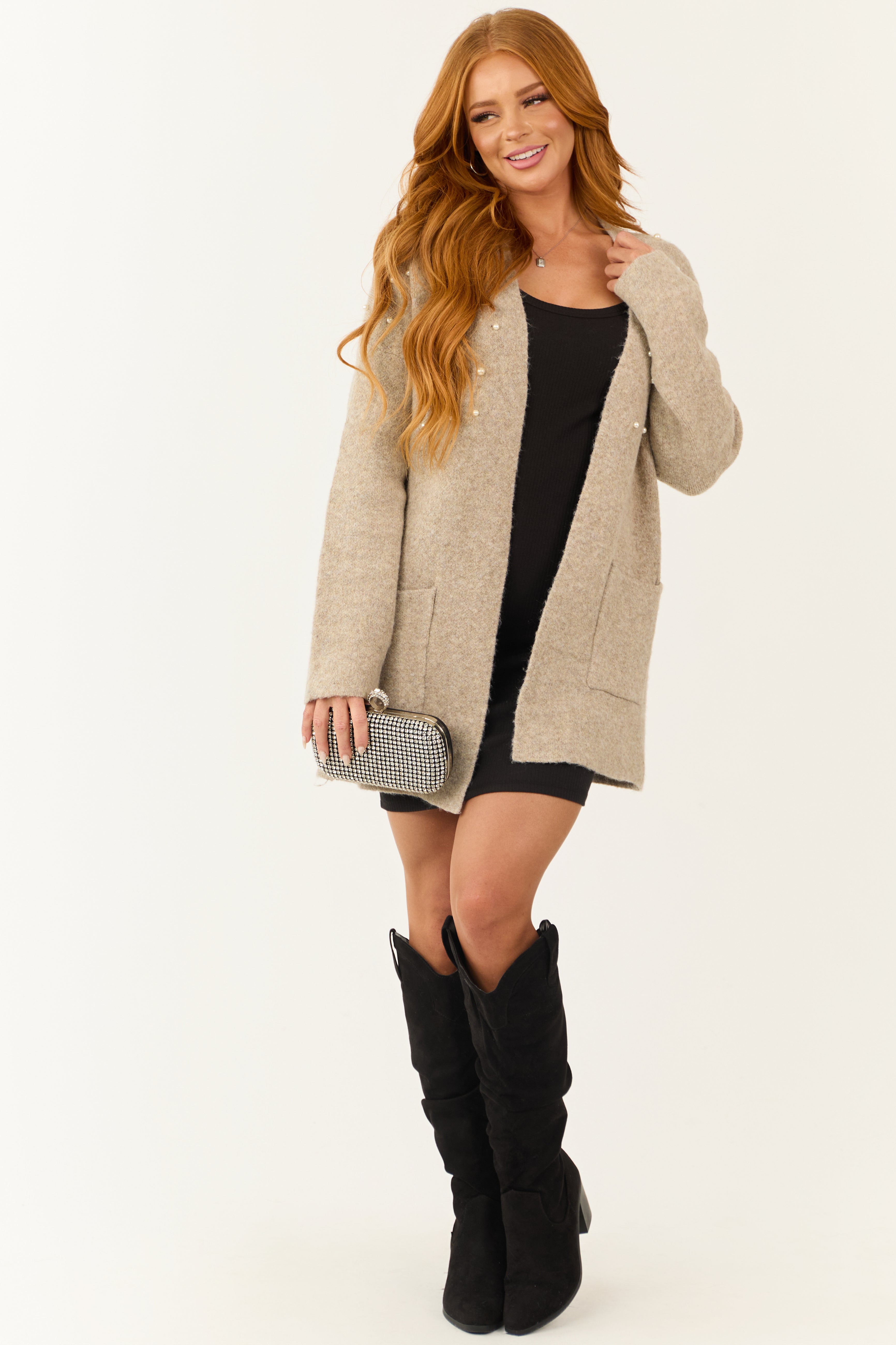 Oatmeal Pearl Embellished Open Front Cardigan | Lime Lush Boutique