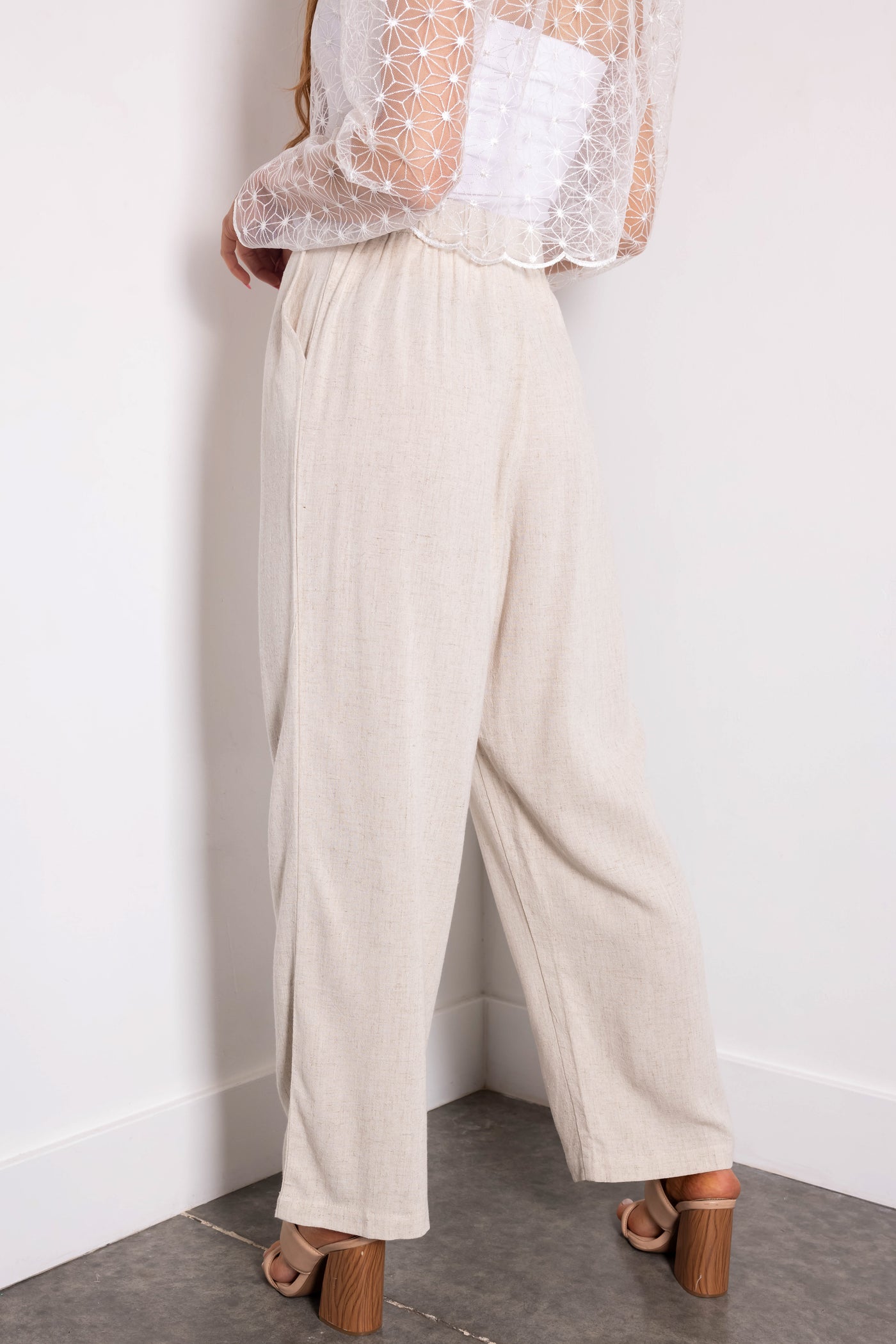 Oatmeal Pleated Straight Leg Linen Pants