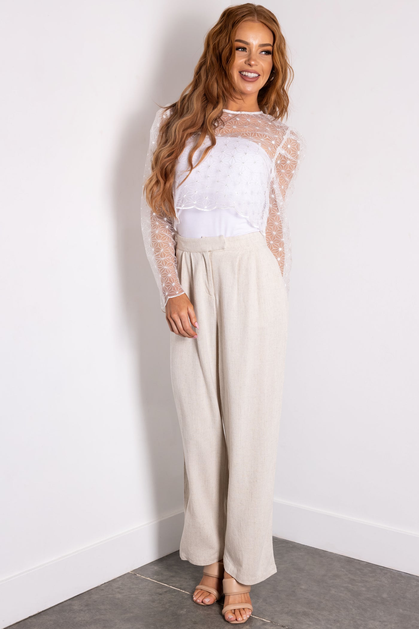 Oatmeal Pleated Straight Leg Linen Pants