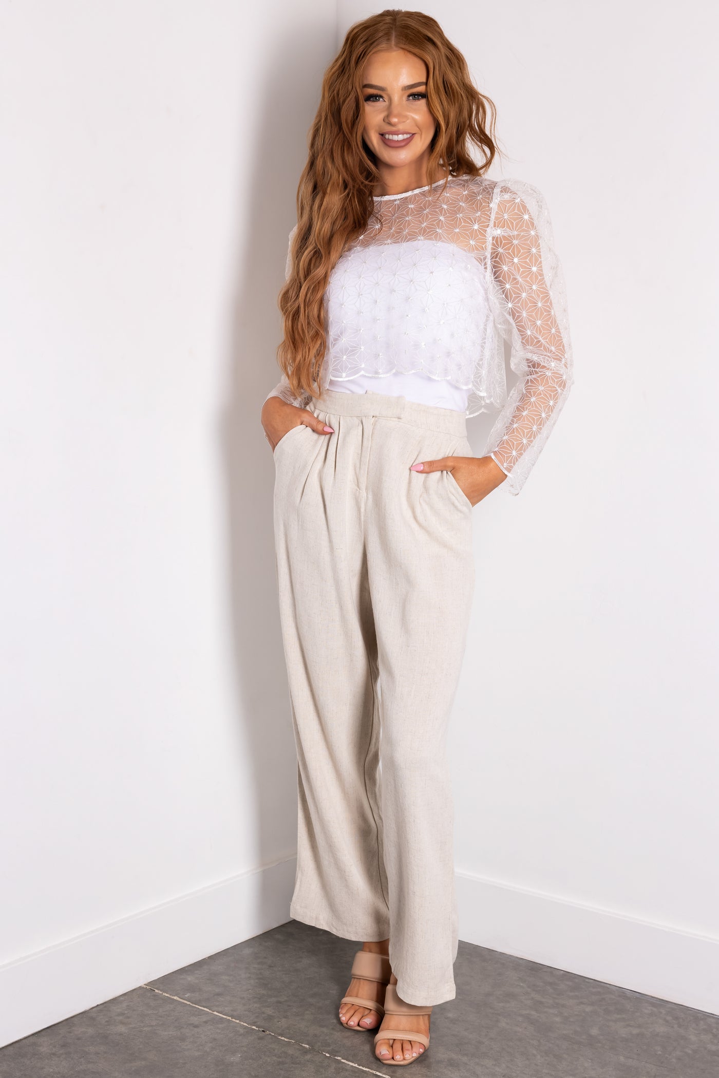 Oatmeal Pleated Straight Leg Linen Pants