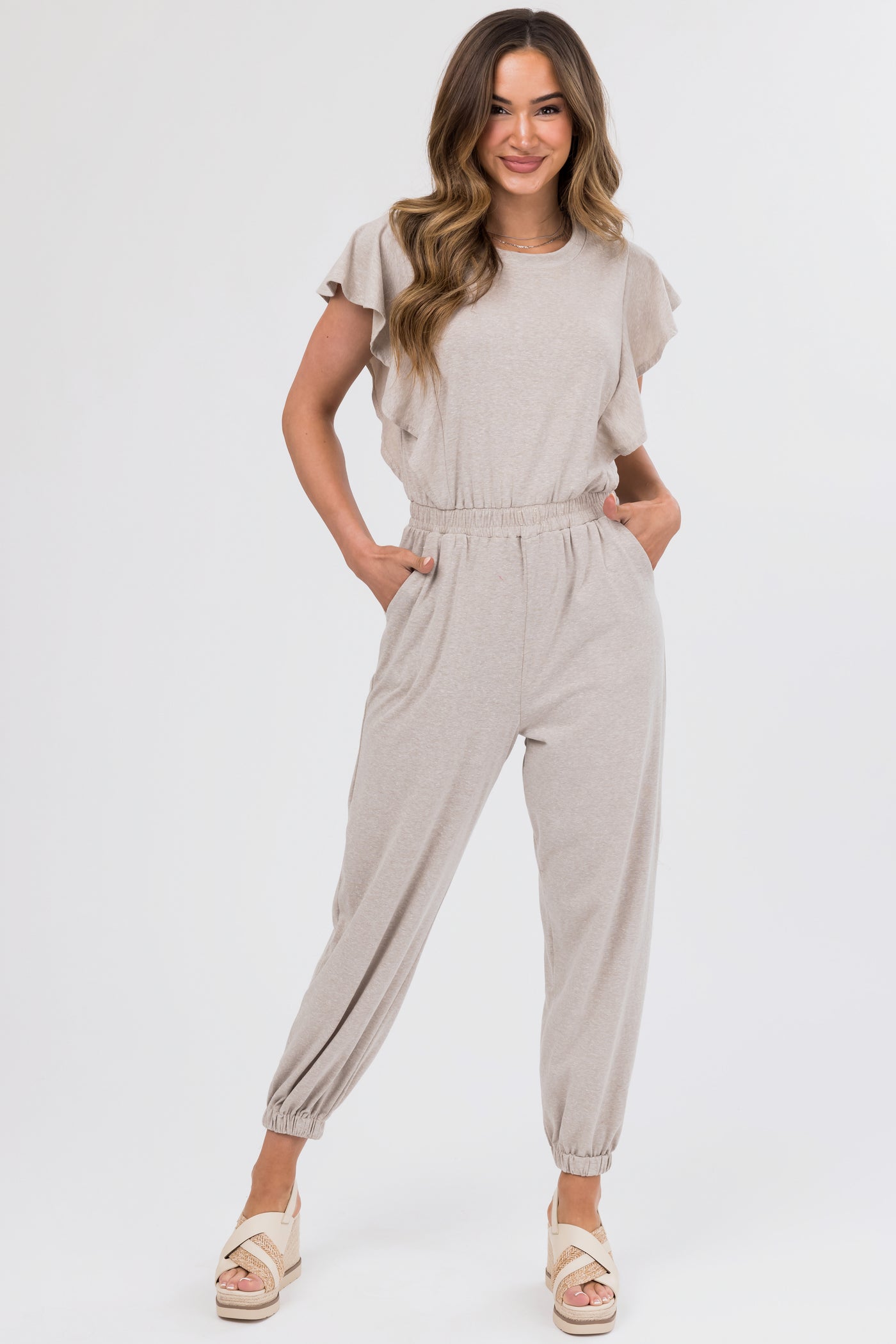 Oatmeal Ruffle Short Sleeve Soft Knit Jumpsuit