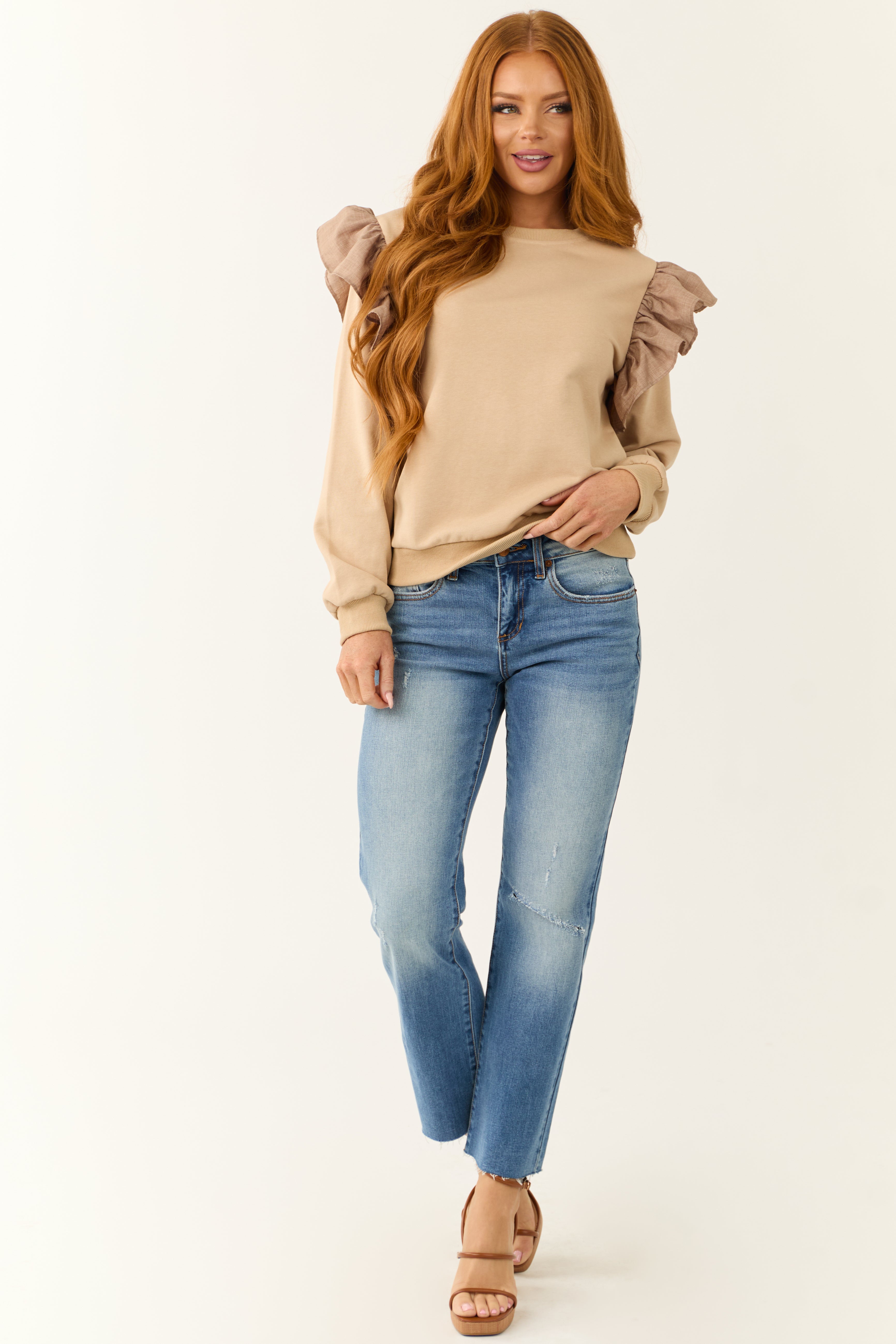 Oatmeal Ruffle Shoulder Detail Long Sleeve Top | Lime Lush Boutique