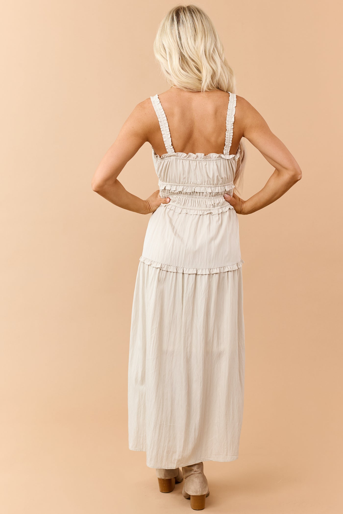 Oatmeal Ruffled Smocked Waist Sleeveless Maxi Dress