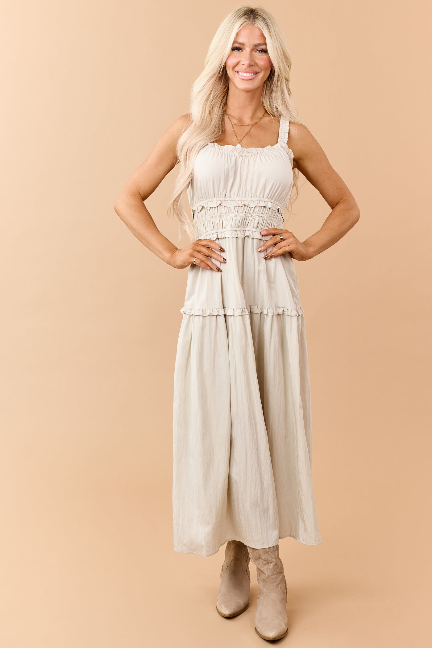 Oatmeal Ruffled Smocked Waist Sleeveless Maxi Dress