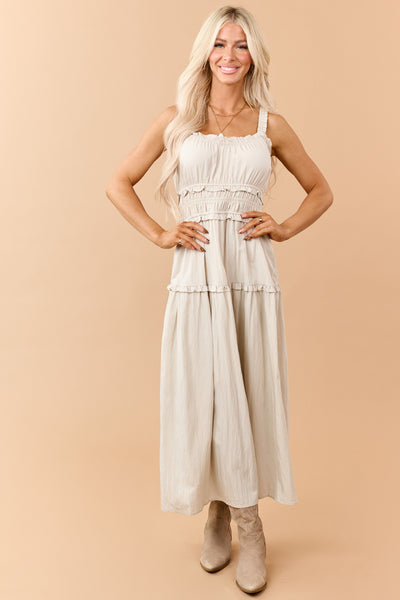 Oatmeal Ruffled Smocked Waist Sleeveless Maxi Dress