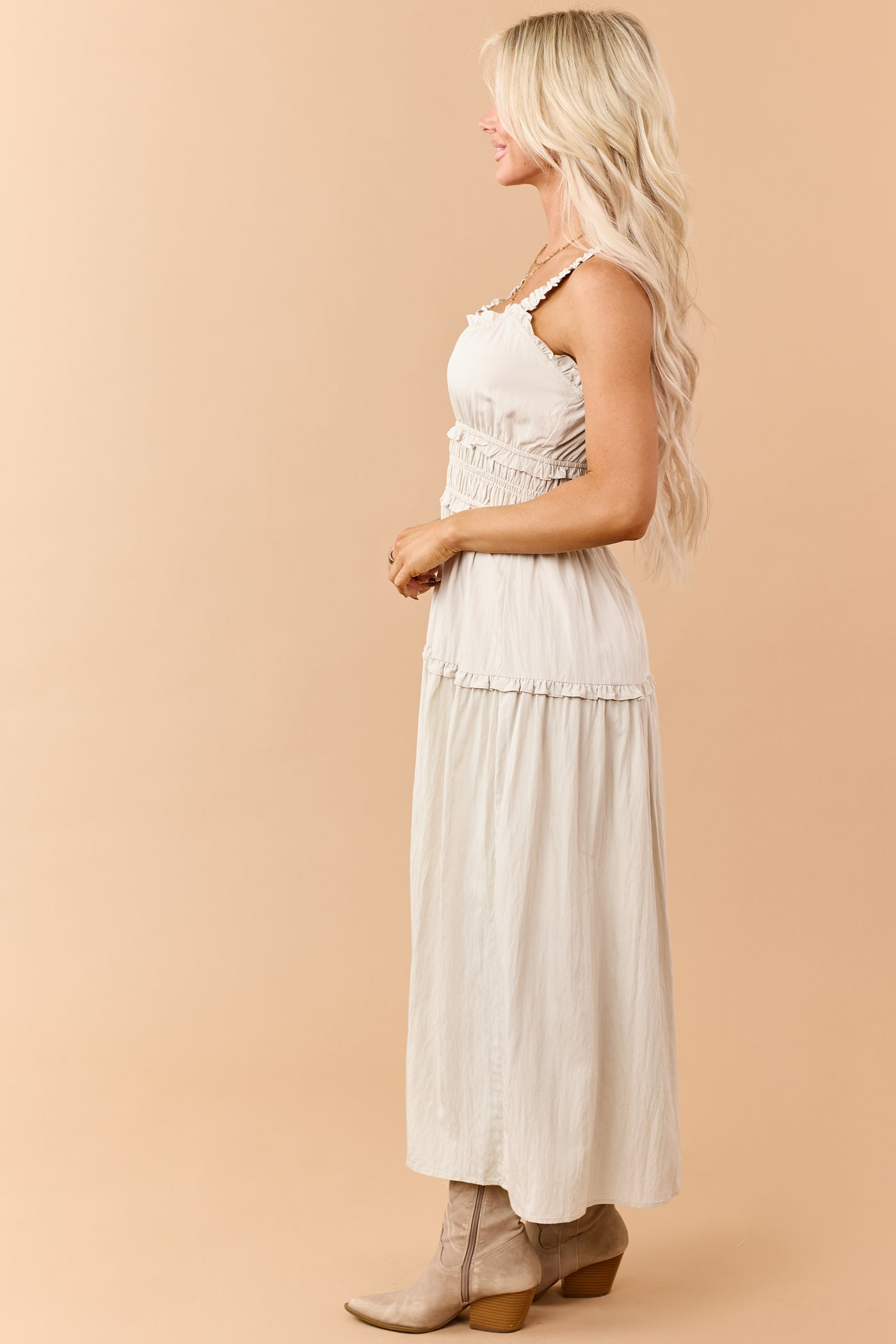Oatmeal Ruffled Smocked Waist Sleeveless Maxi Dress
