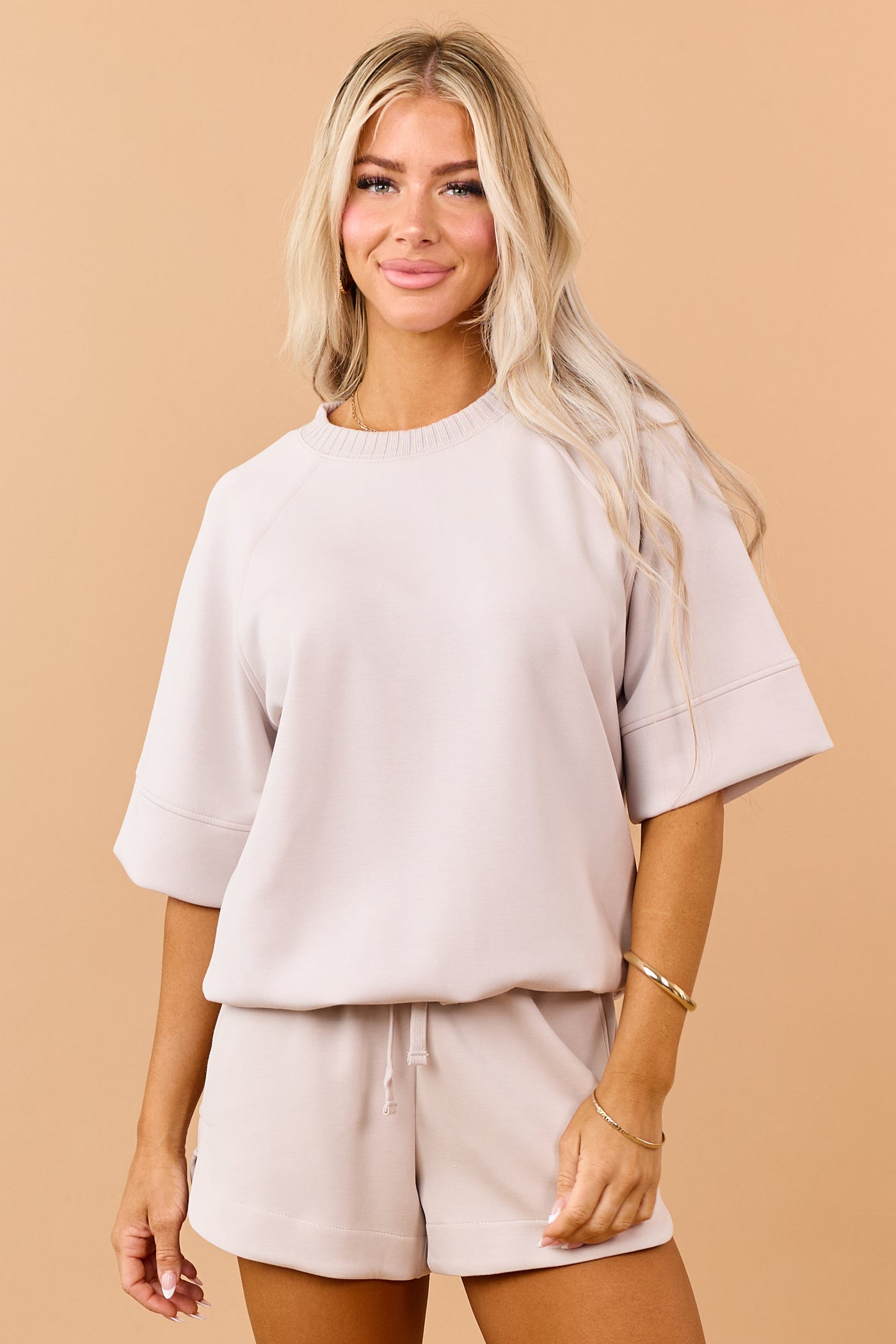 Oatmeal Scuba Knit Luxe Short Sleeve Top