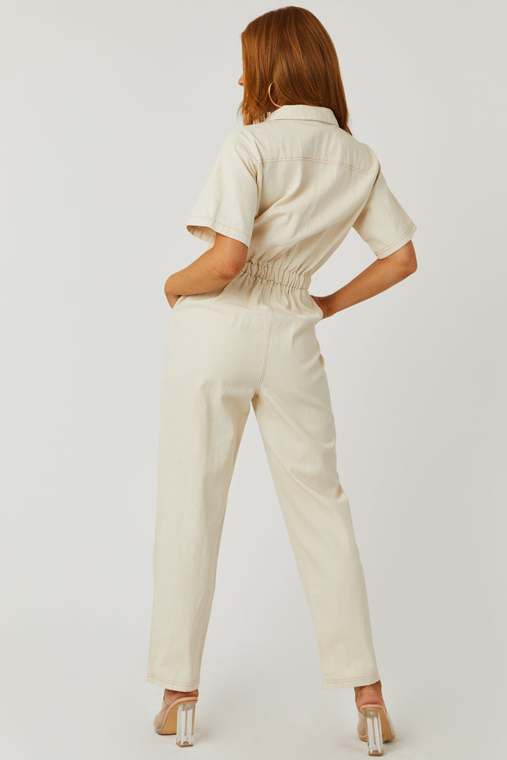 Oatmeal Short Sleeve Button Up Utility Jumpsuit