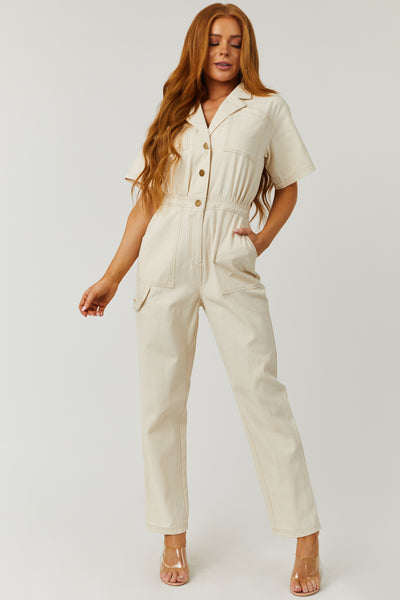 Oatmeal Short Sleeve Button Up Utility Jumpsuit