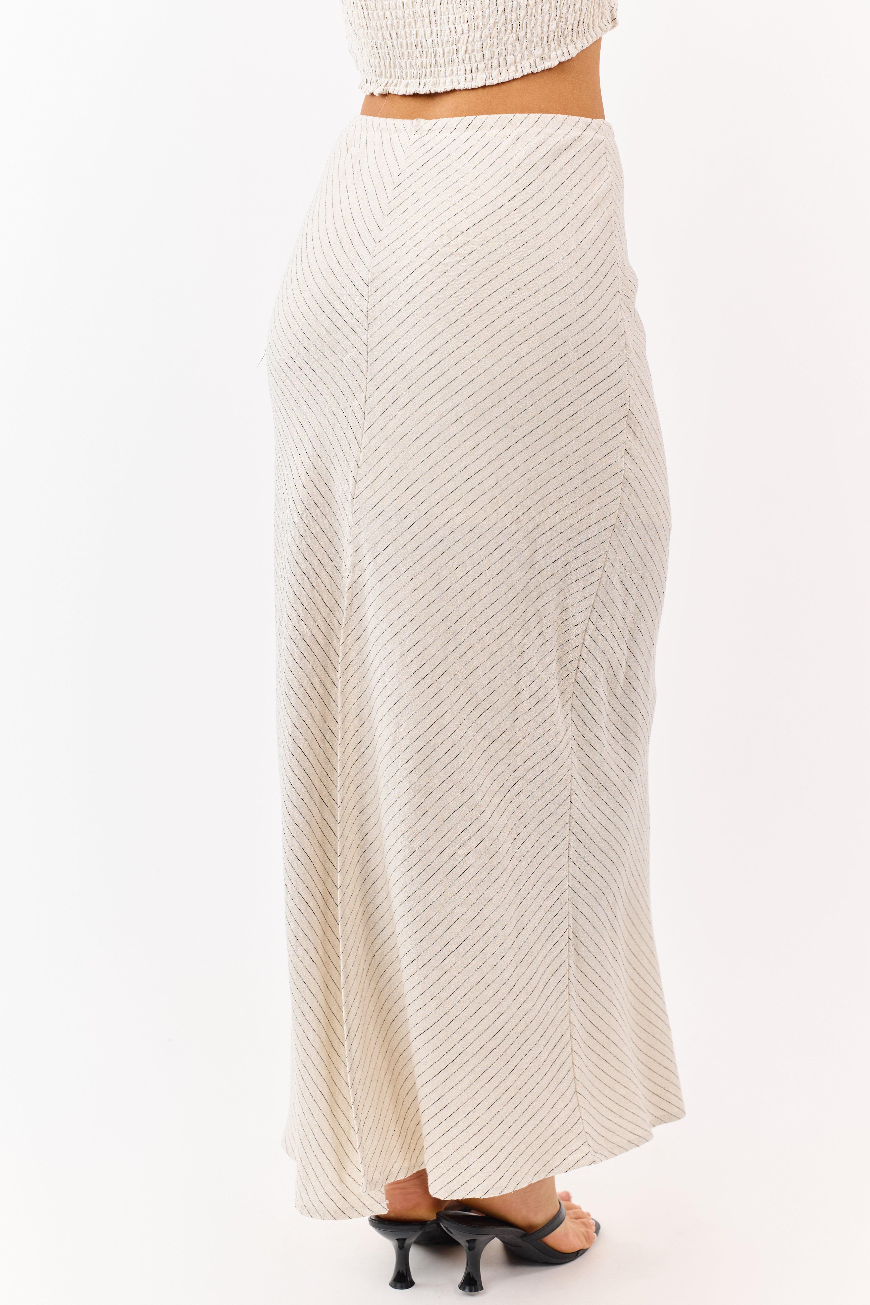 Oatmeal Striped Back Slit Drawstring Maxi Skirt