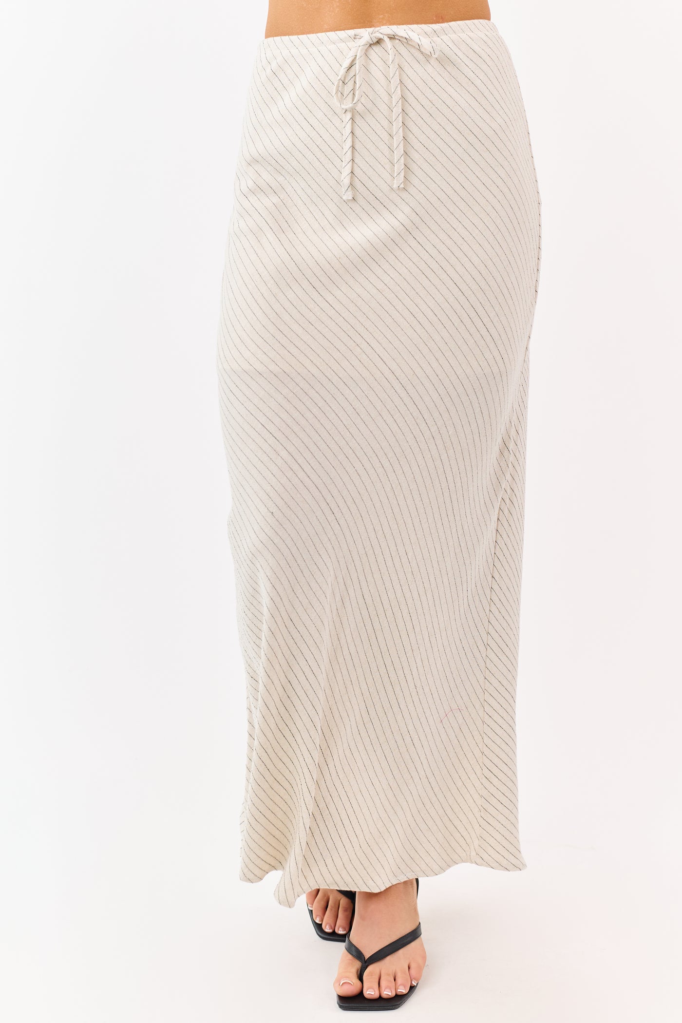 Oatmeal Striped Back Slit Drawstring Maxi Skirt