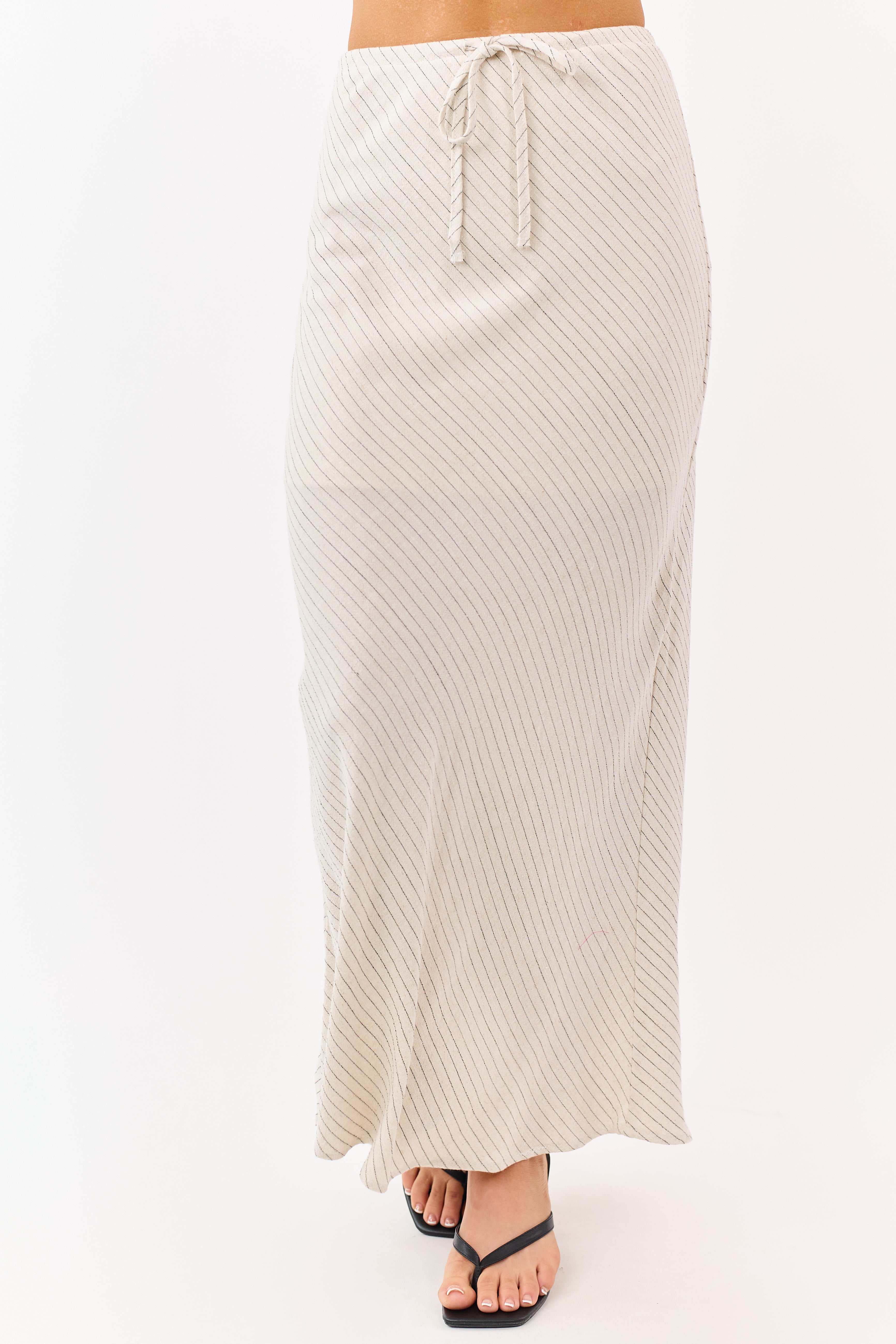 Oatmeal Striped Back Slit Drawstring Maxi Skirt