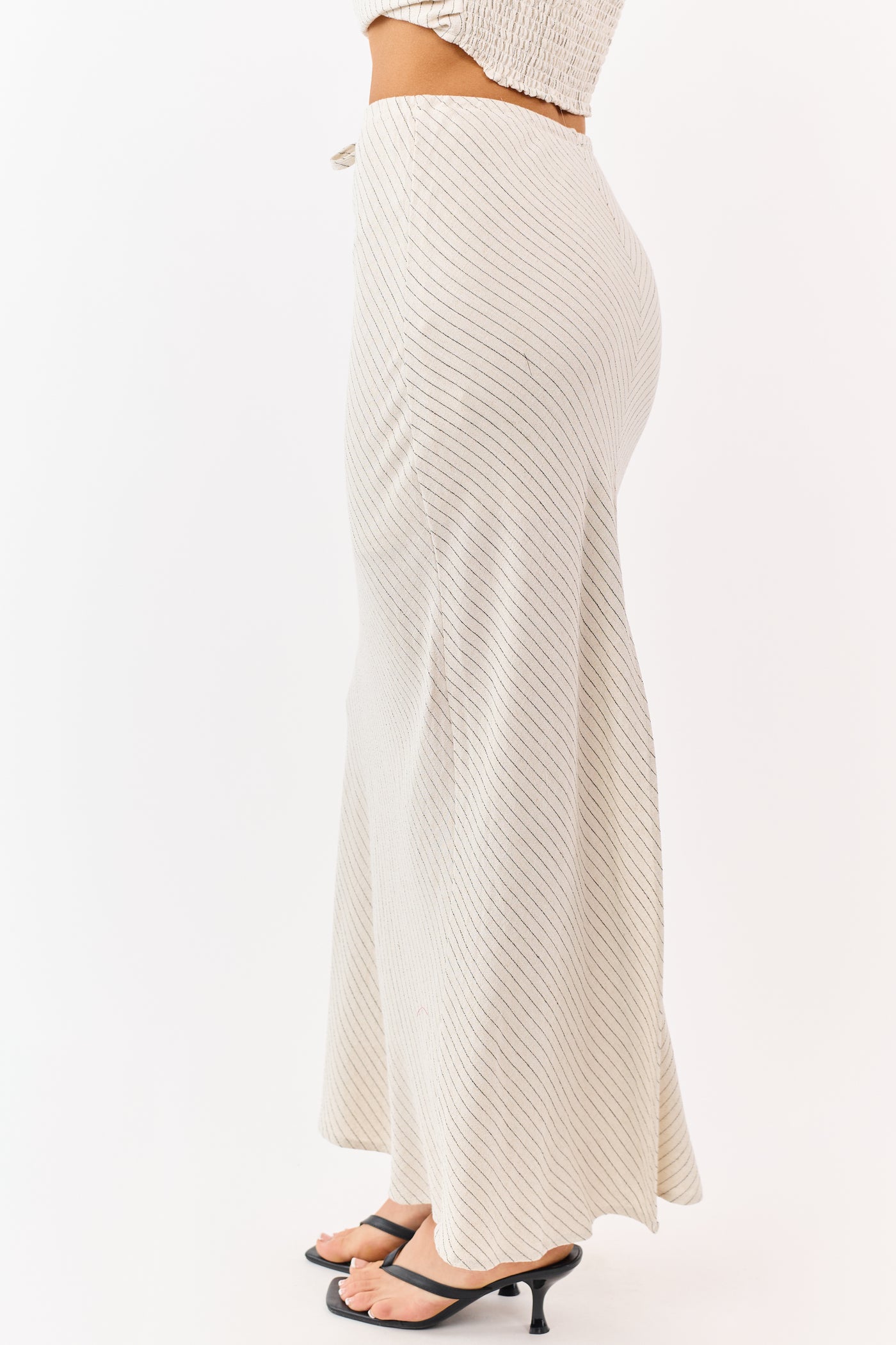 Oatmeal Striped Back Slit Drawstring Maxi Skirt