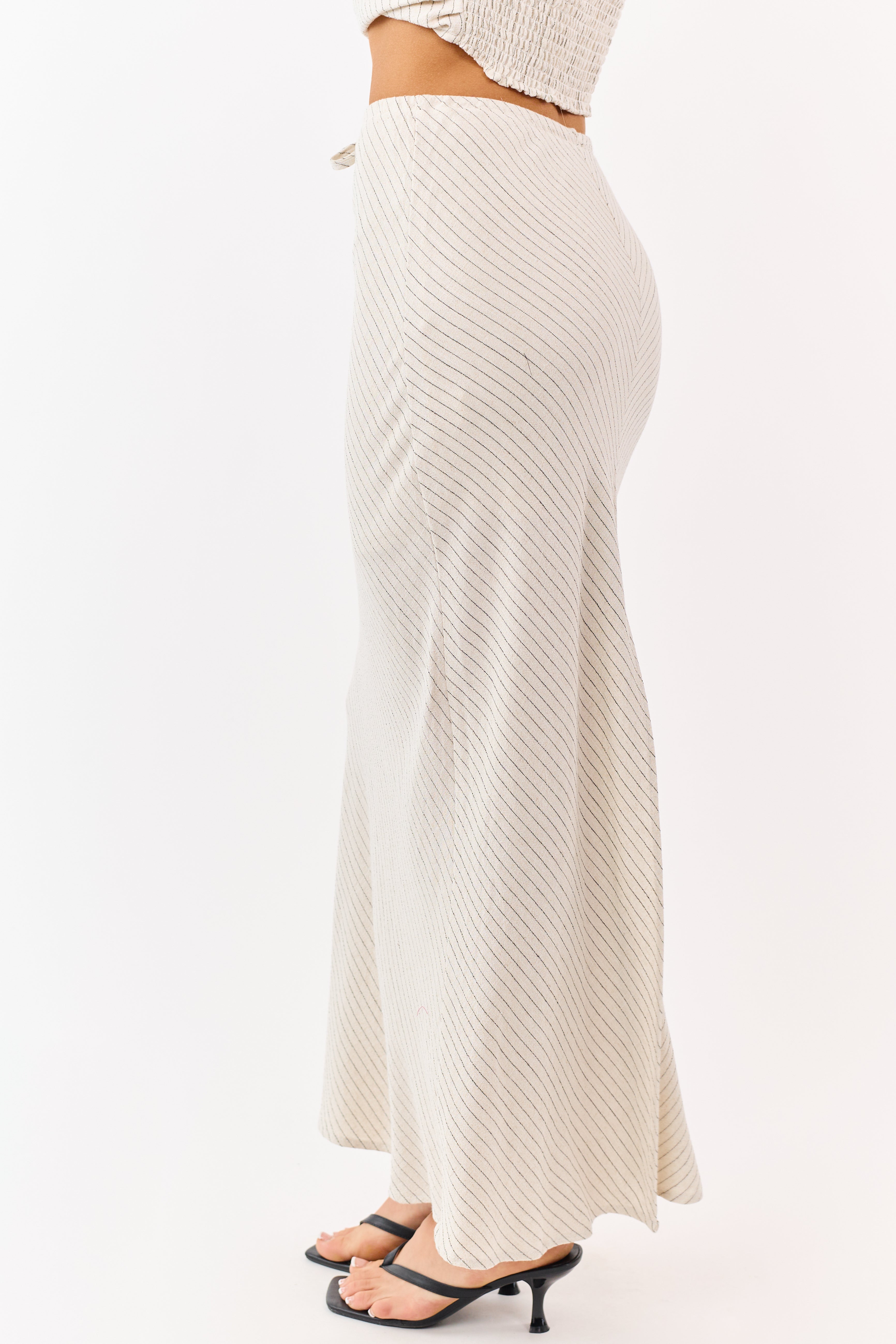Oatmeal Striped Back Slit Drawstring Maxi Skirt