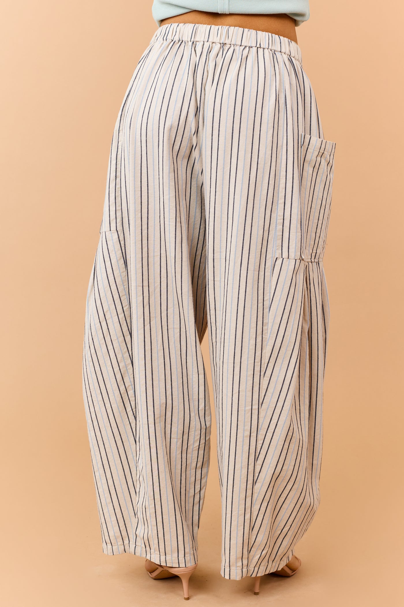 Oatmeal Striped Linen Blend Wide Drawstring Pants