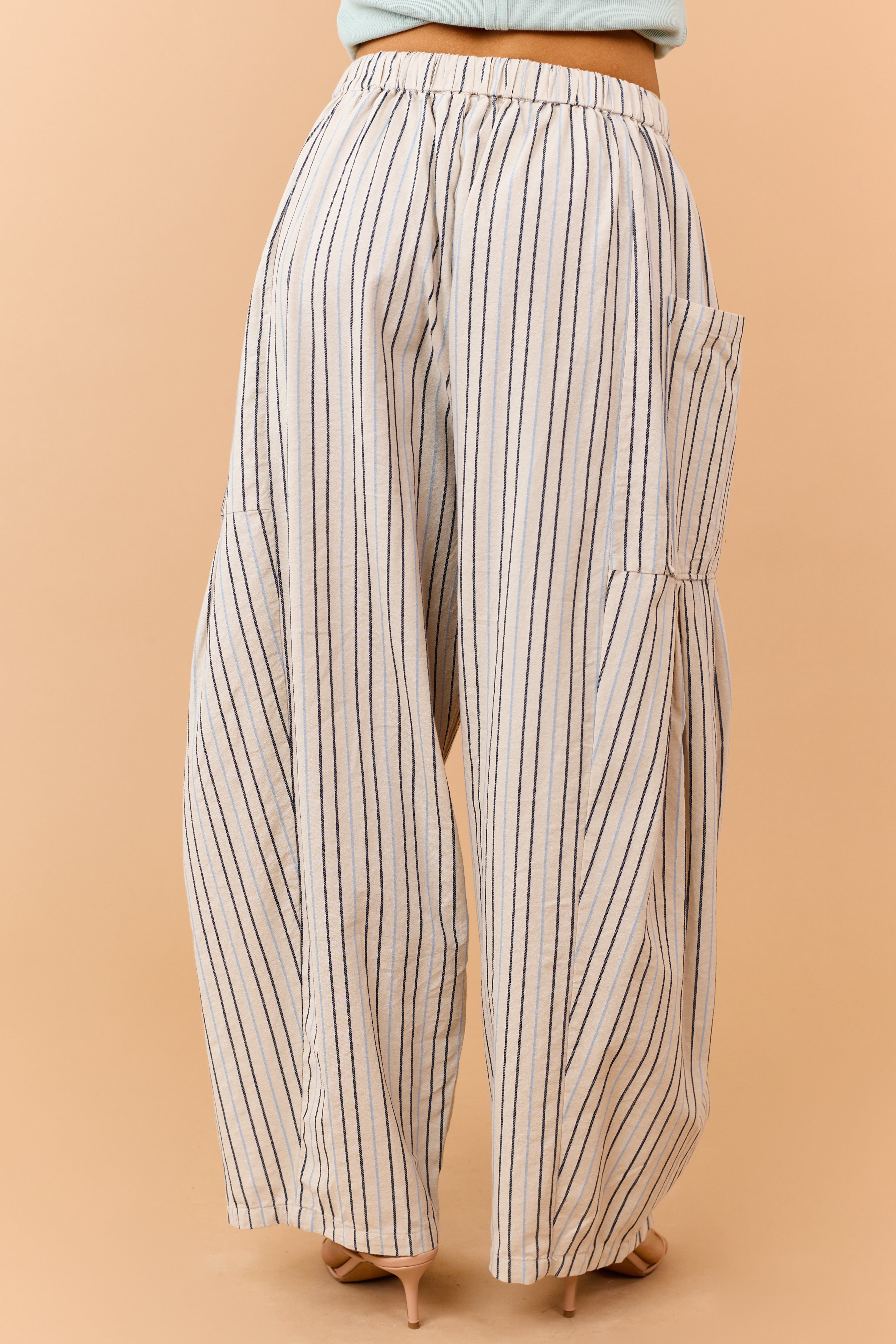 Oatmeal Striped Linen Blend Wide Drawstring Pants