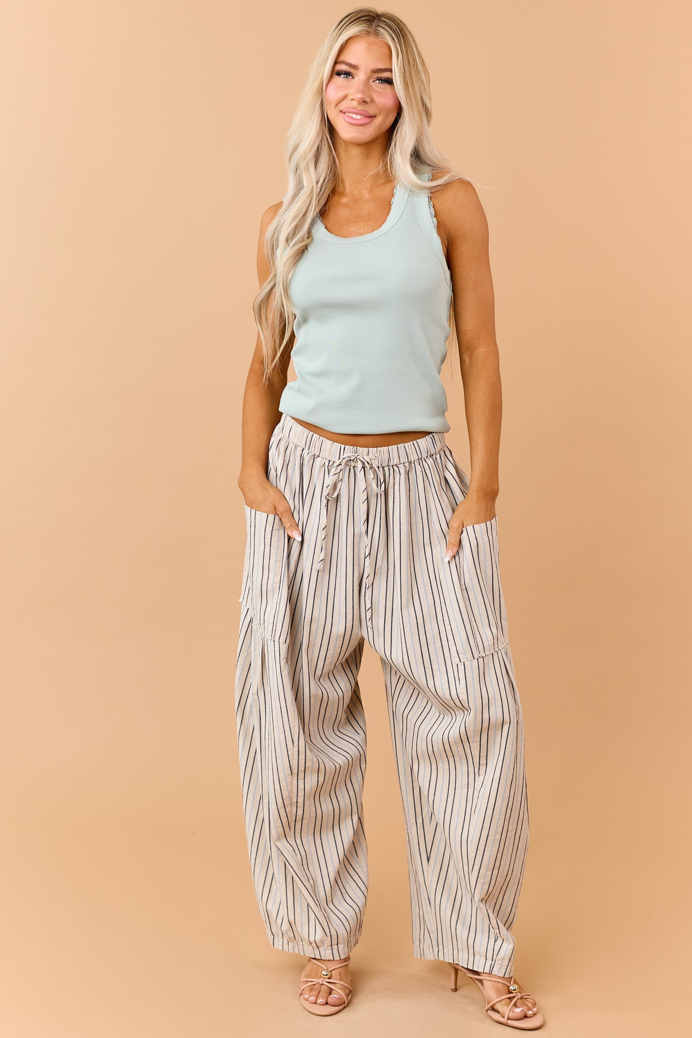 Oatmeal Striped Linen Blend Wide Drawstring Pants