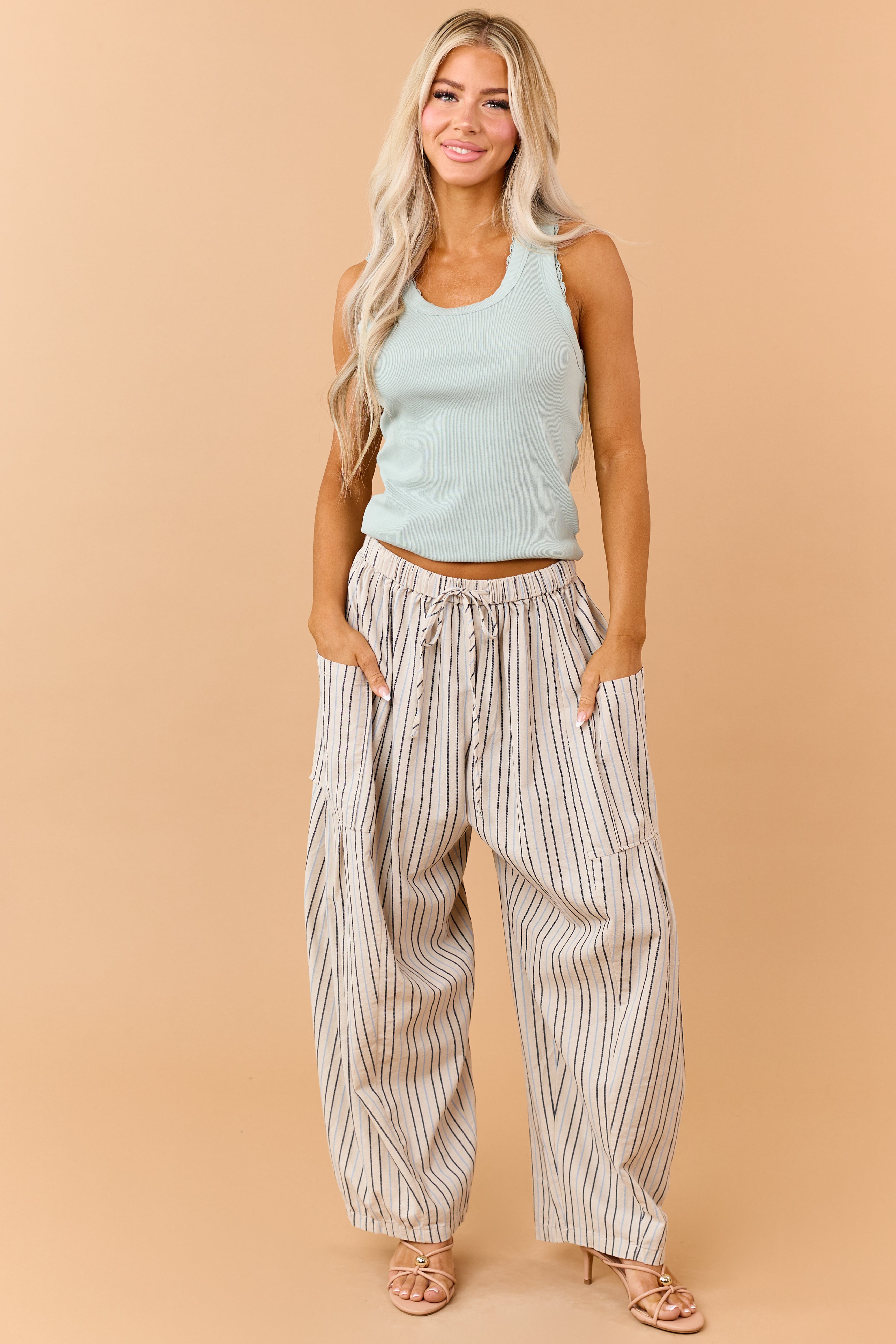 Oatmeal Striped Linen Blend Wide Drawstring Pants