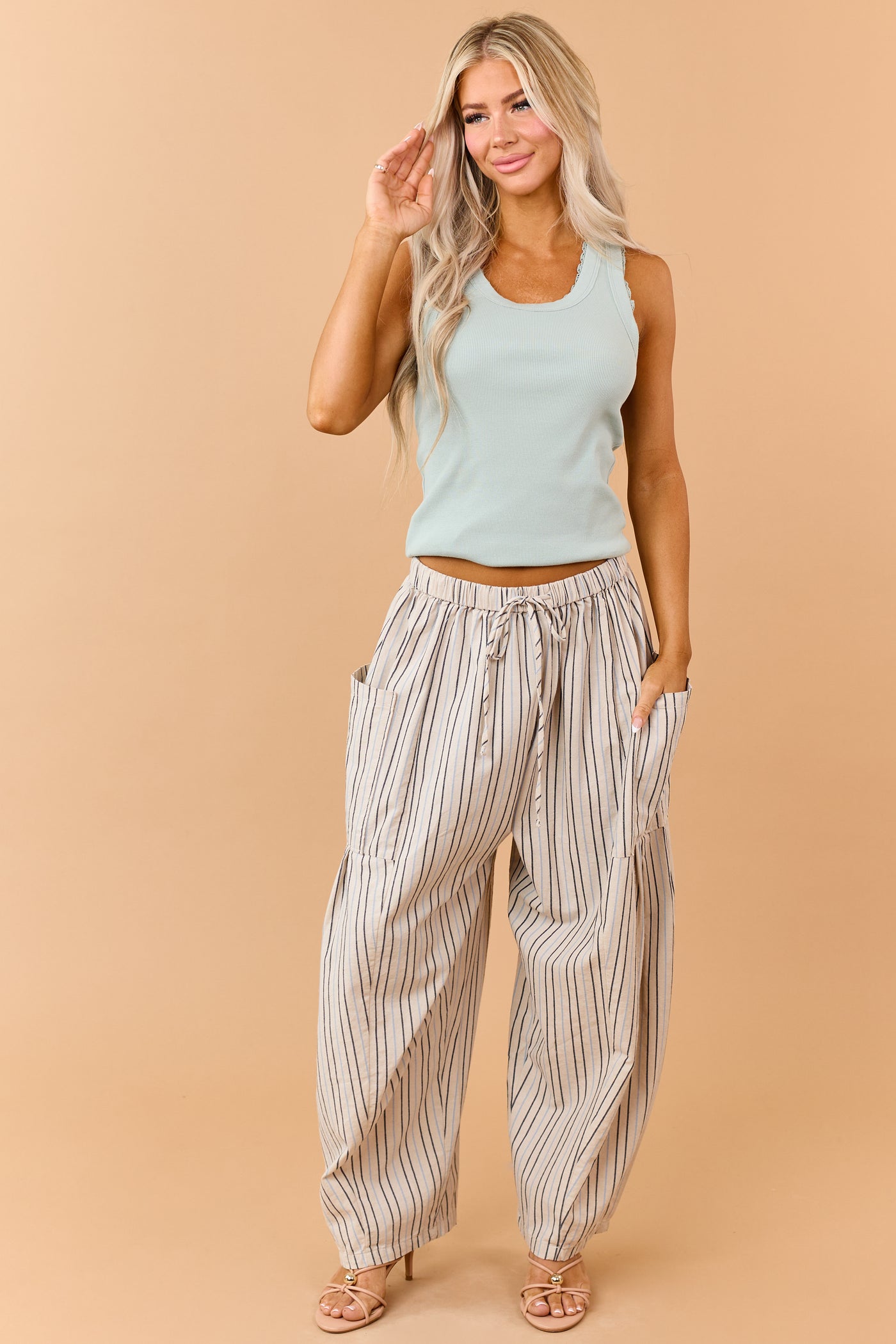 Oatmeal Striped Linen Blend Wide Drawstring Pants