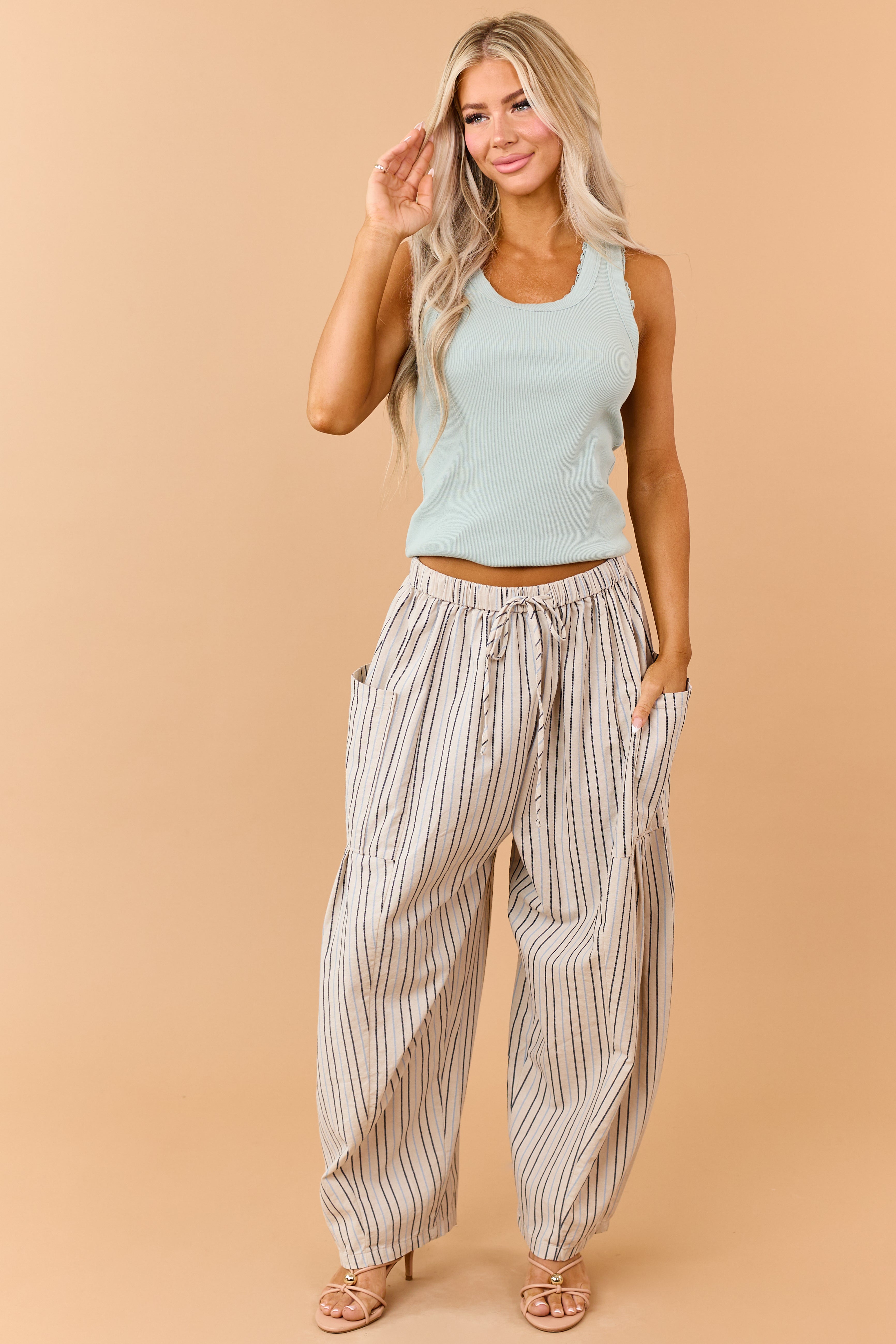 Oatmeal Striped Linen Blend Wide Drawstring Pants
