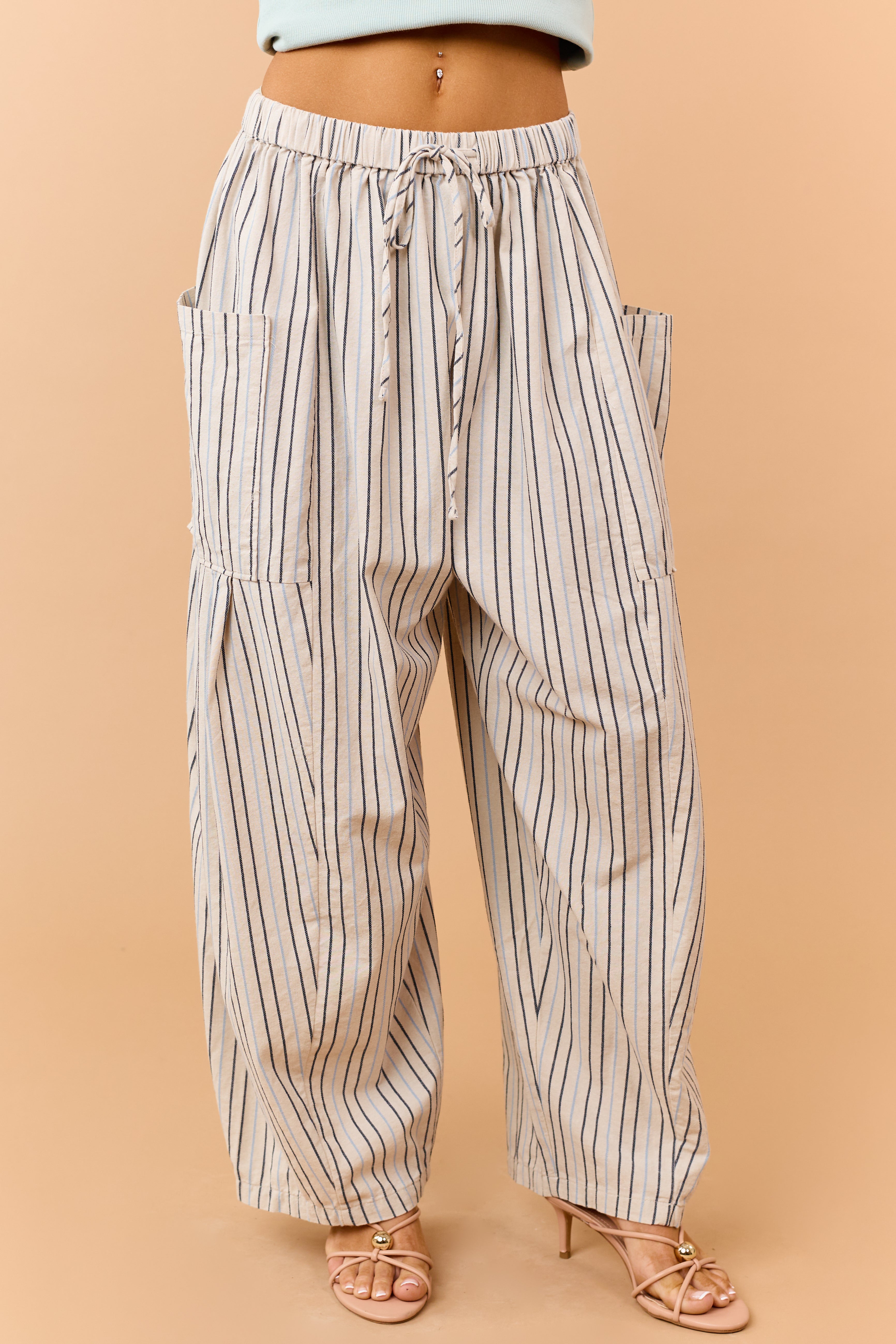 Oatmeal Striped Linen Blend Wide Drawstring Pants | Lime Lush Boutique