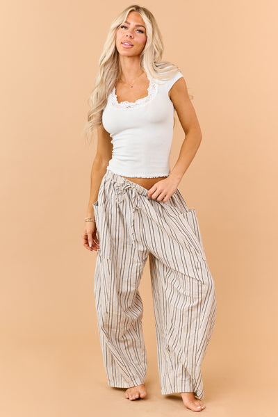 Oatmeal Striped Linen Blend Wide Drawstring Pants