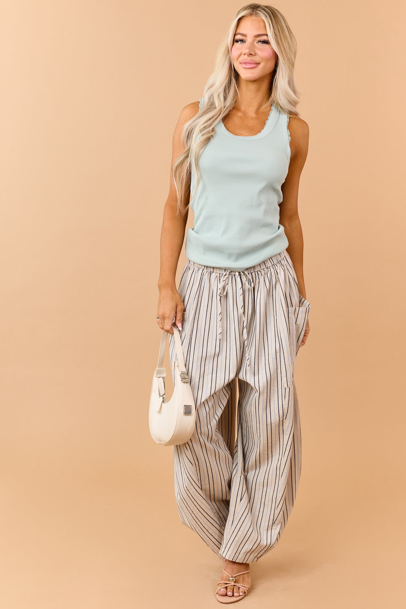 Oatmeal Striped Linen Blend Wide Drawstring Pants