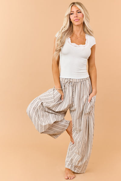 Oatmeal Striped Linen Blend Wide Drawstring Pants | Lime Lush Boutique