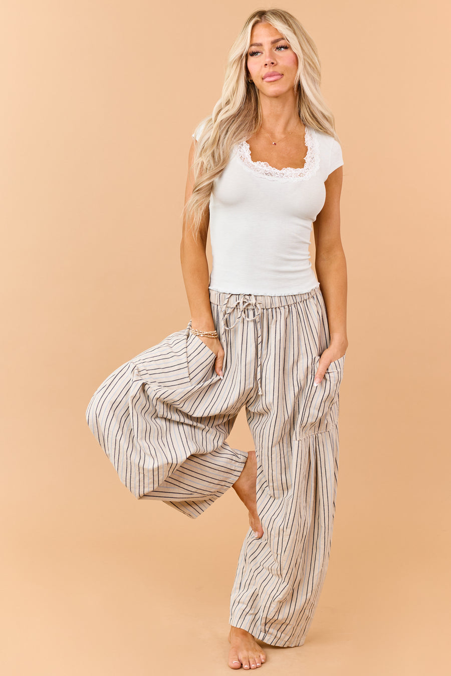 Oatmeal Striped Linen Blend Wide Drawstring Pants
