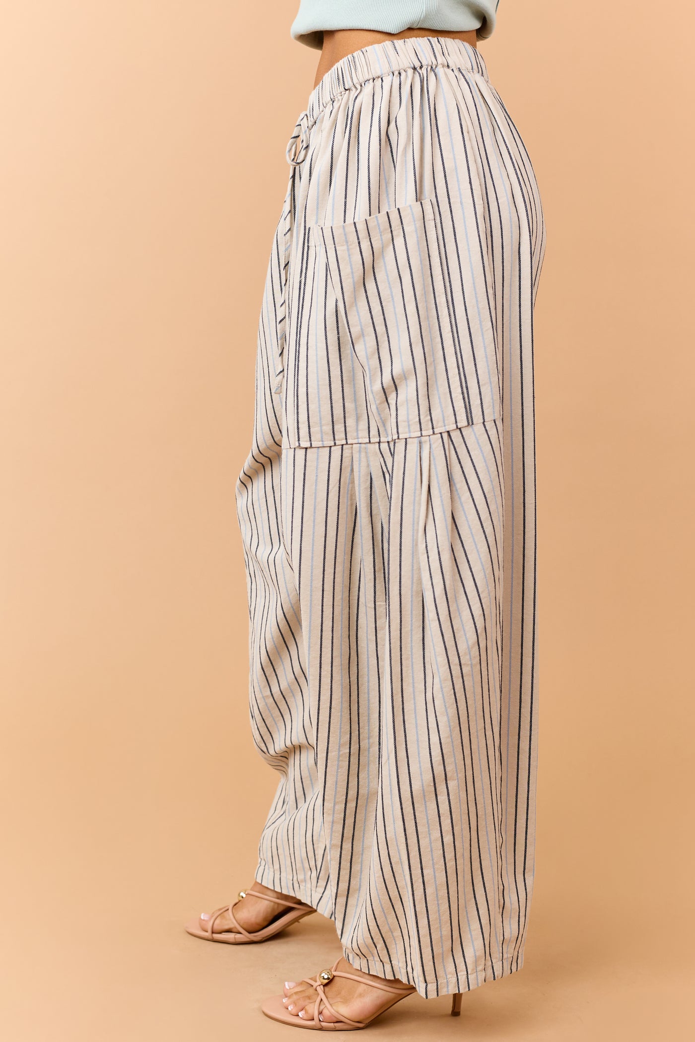 Oatmeal Striped Linen Blend Wide Drawstring Pants