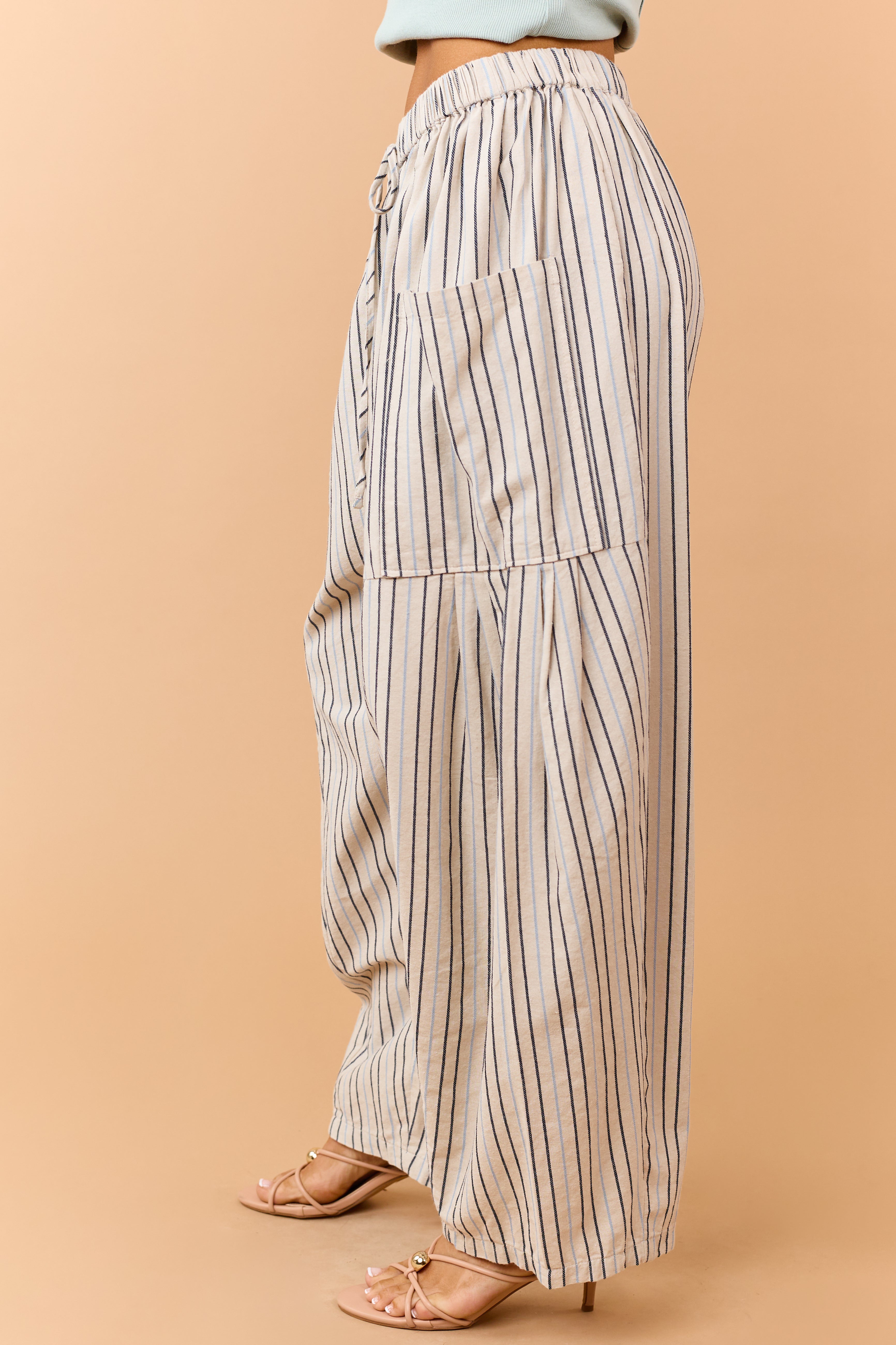 Oatmeal Striped Linen Blend Wide Drawstring Pants