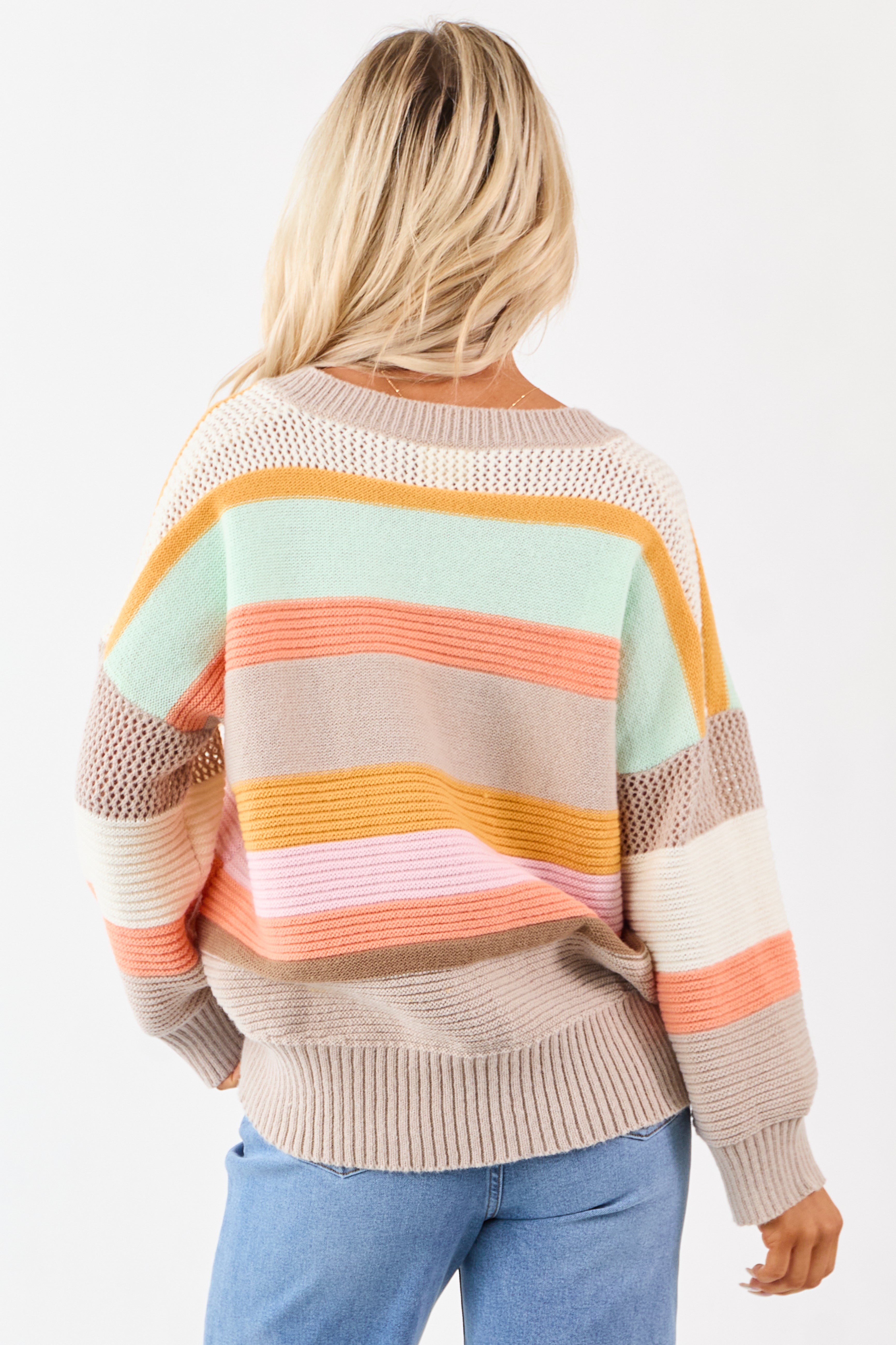 Oatmeal Striped V Neck Long Sleeve Sweater