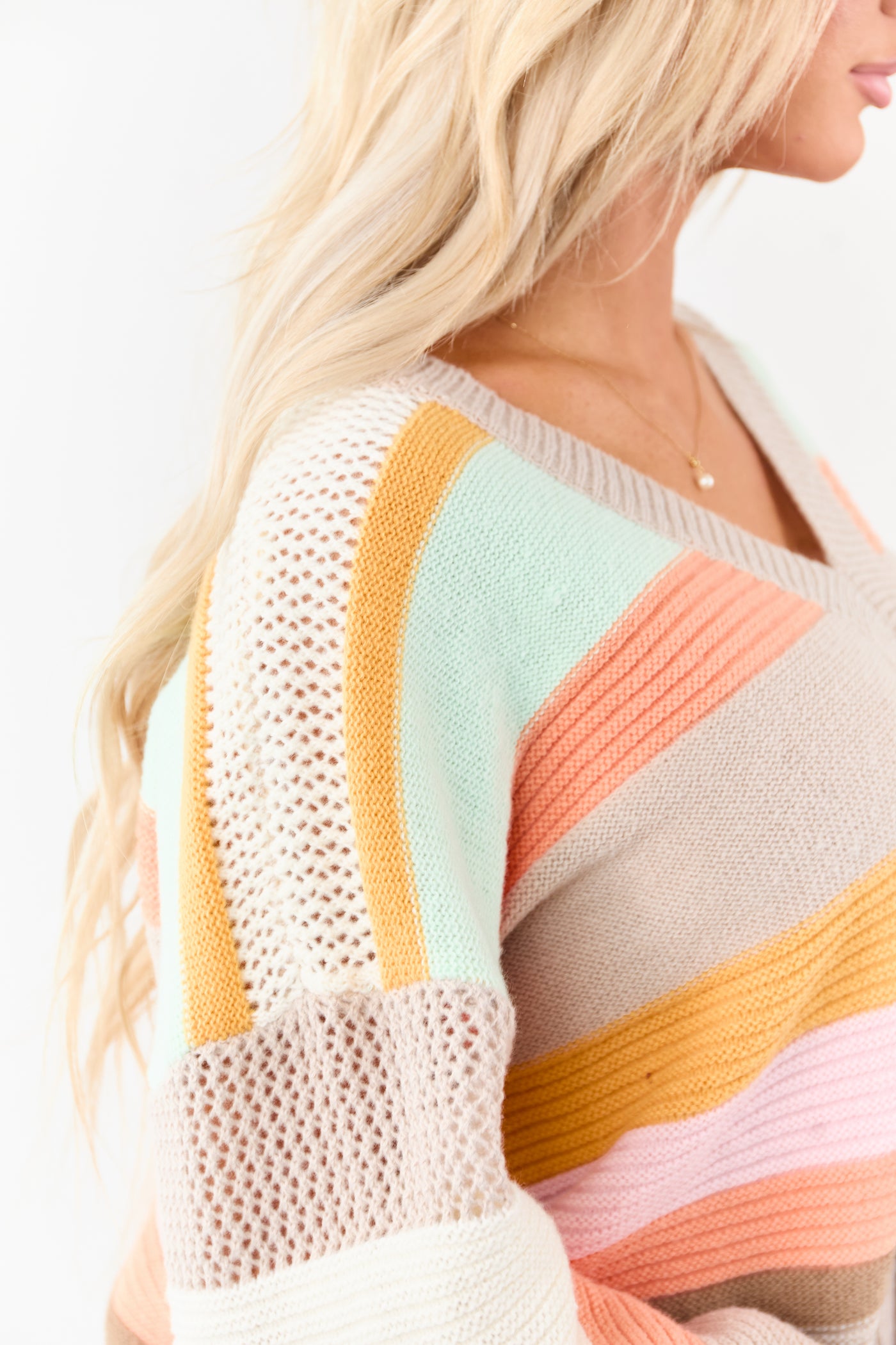 Oatmeal Striped V Neck Long Sleeve Sweater