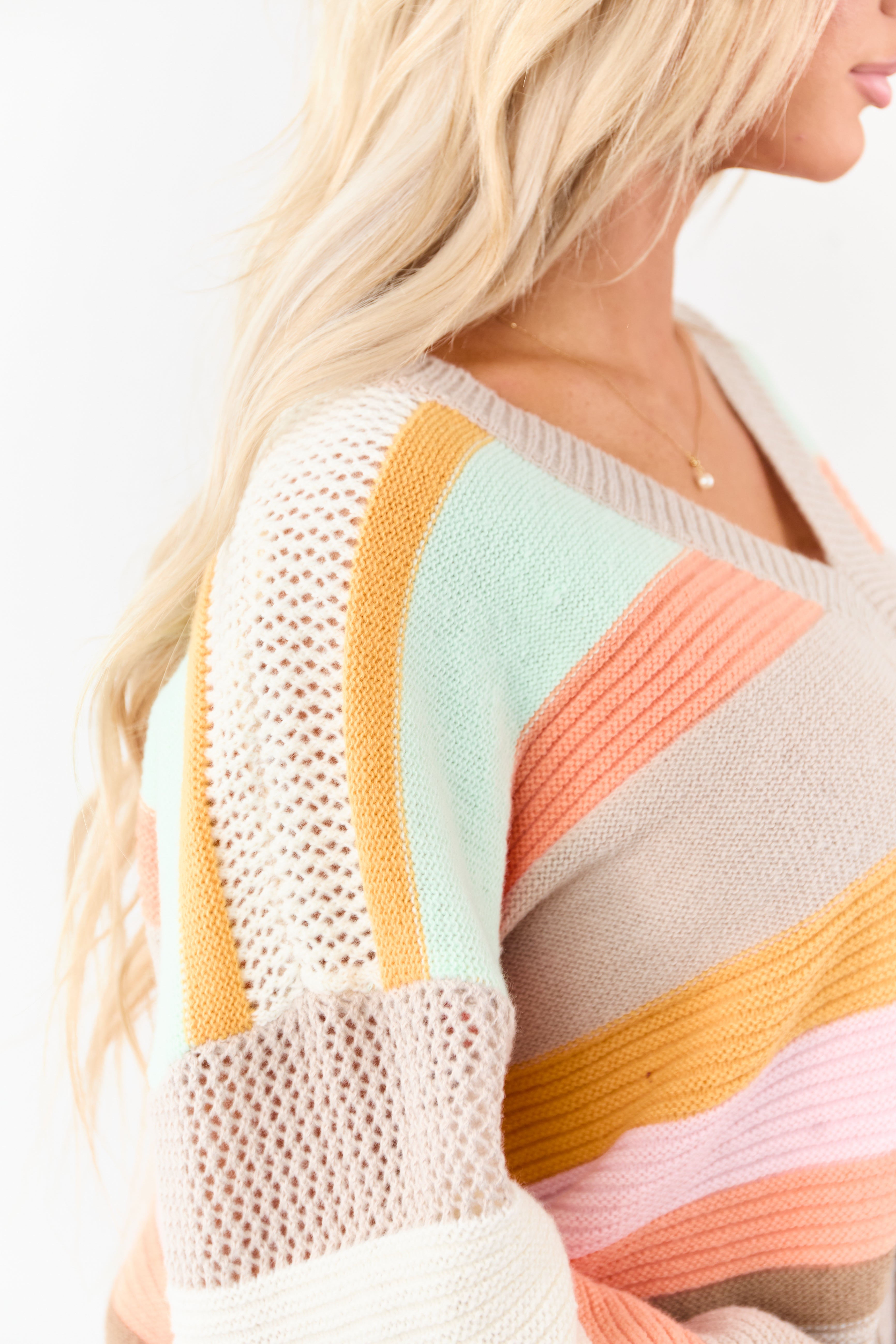 Oatmeal Striped V Neck Long Sleeve Sweater