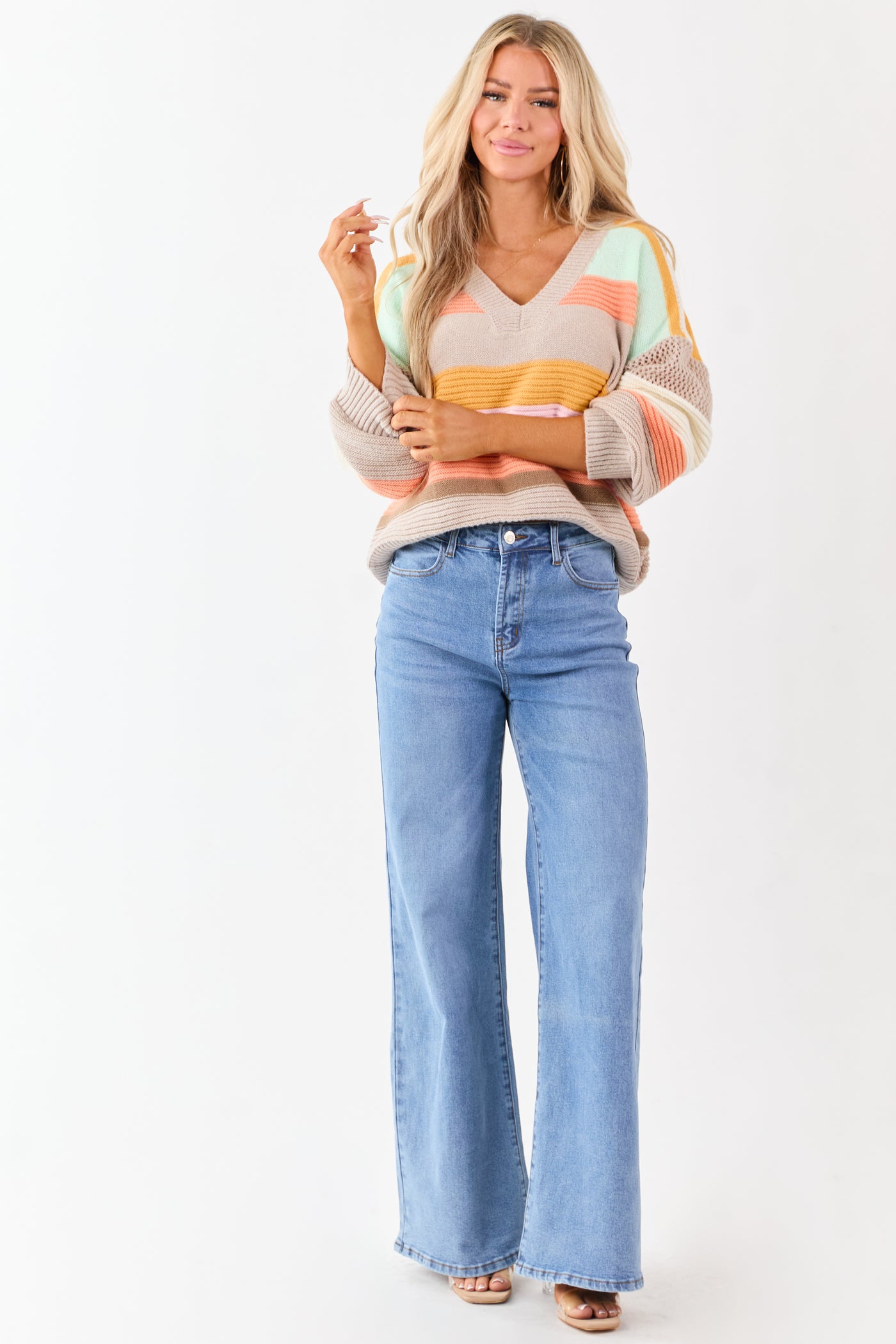 Oatmeal Striped V Neck Long Sleeve Sweater