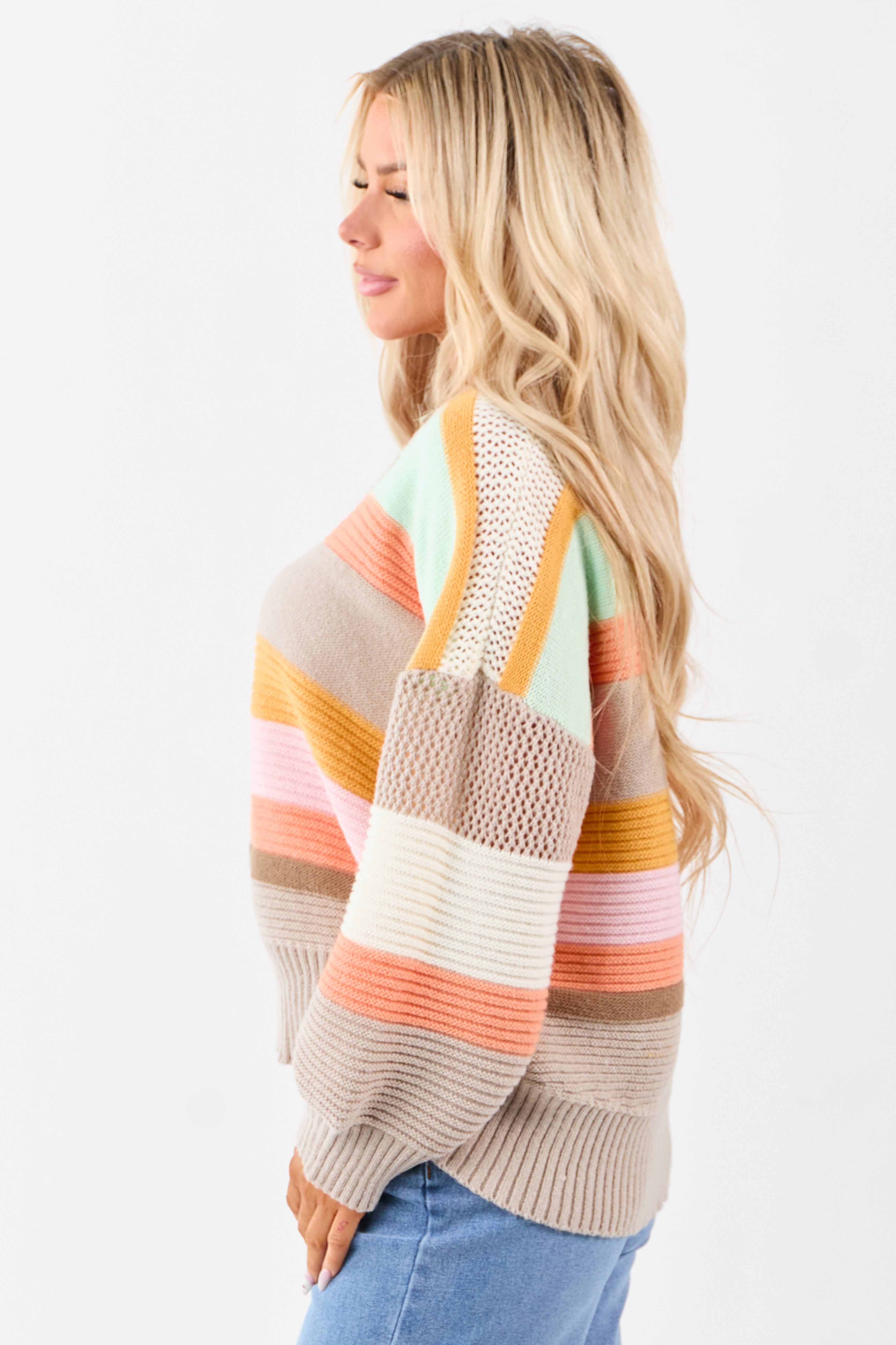 Oatmeal Striped V Neck Long Sleeve Sweater