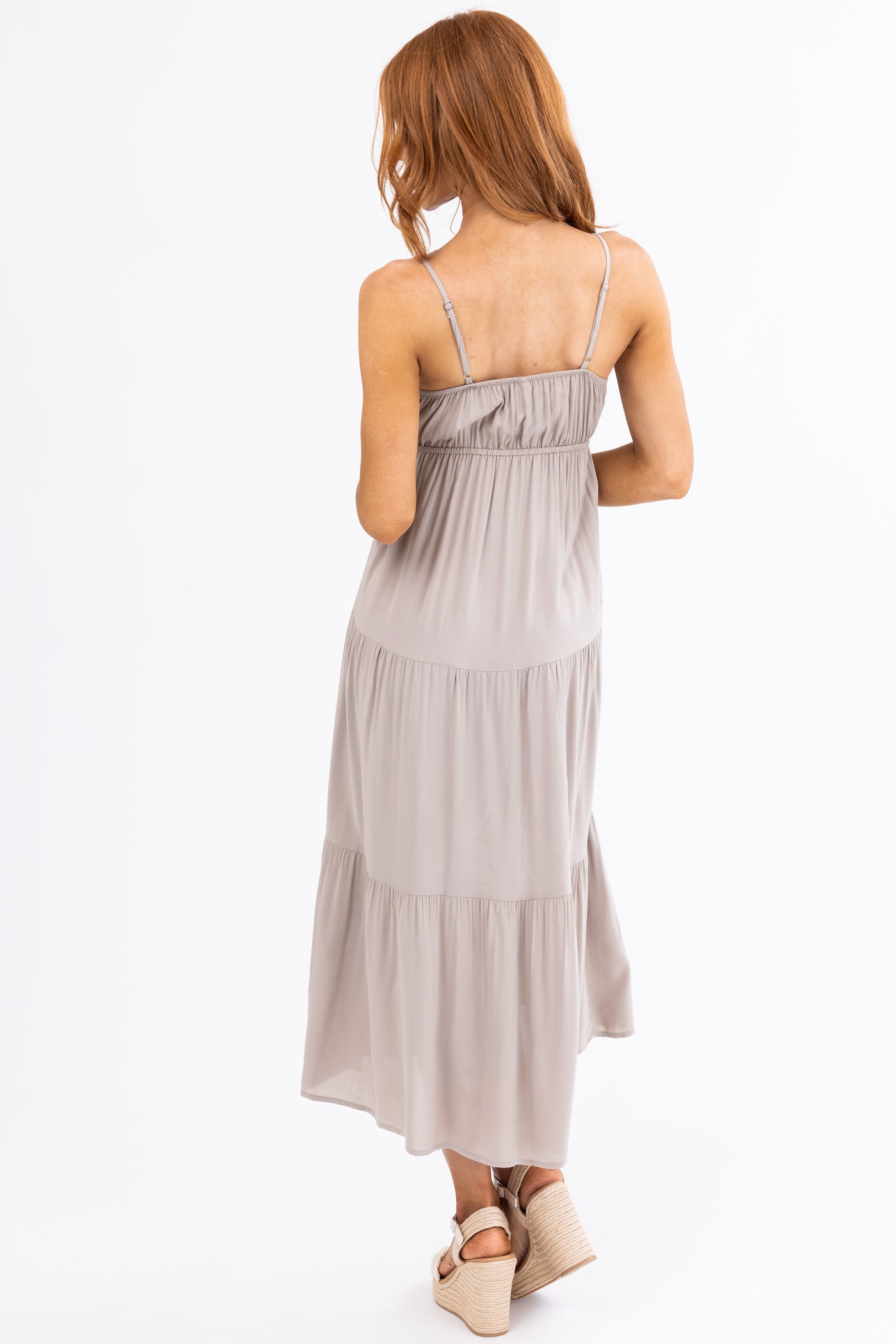 Oatmeal Sweetheart Neck Tiered Midi Dress