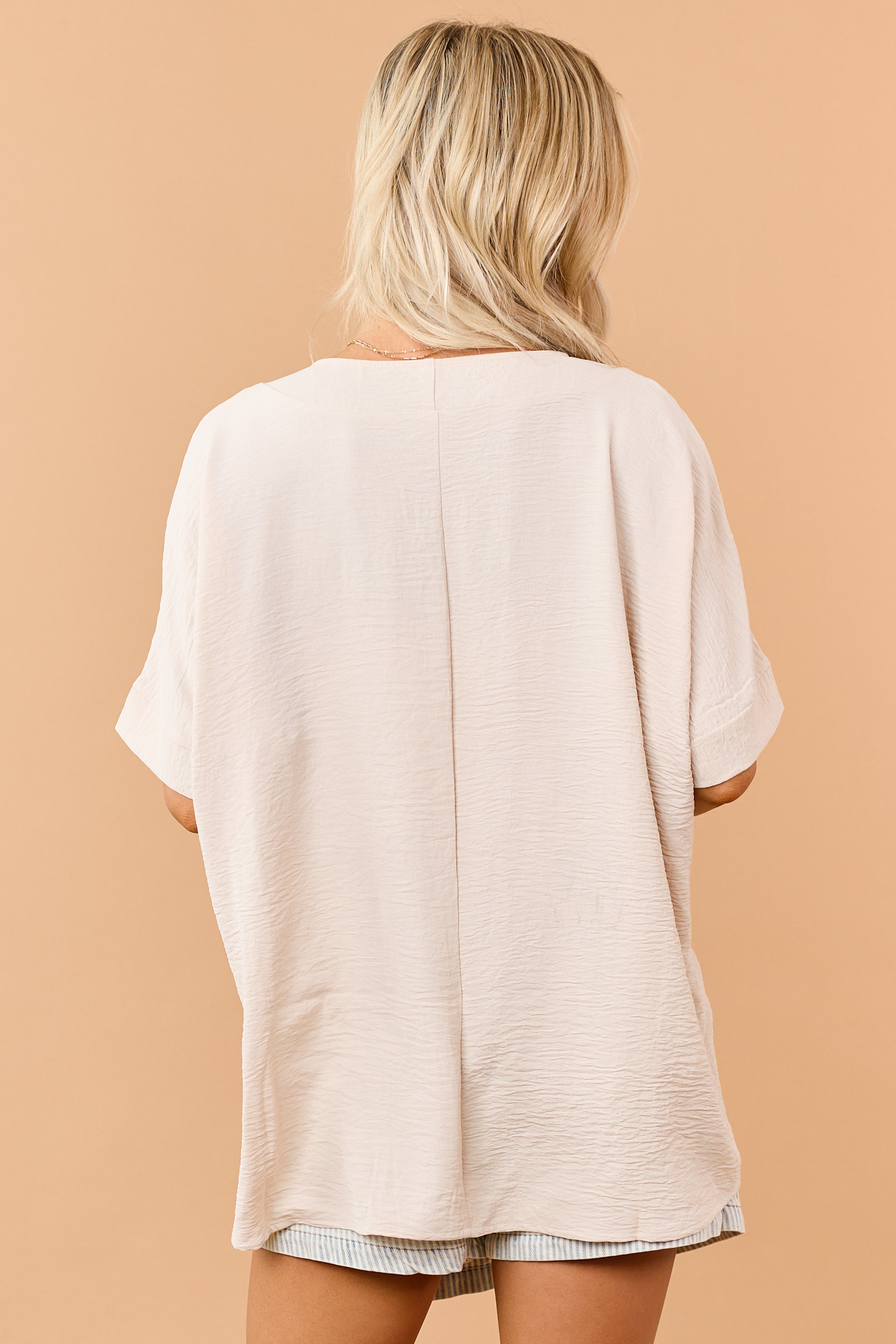 Oatmeal Textured V-Neck Dolman Sleeve Relaxed Top