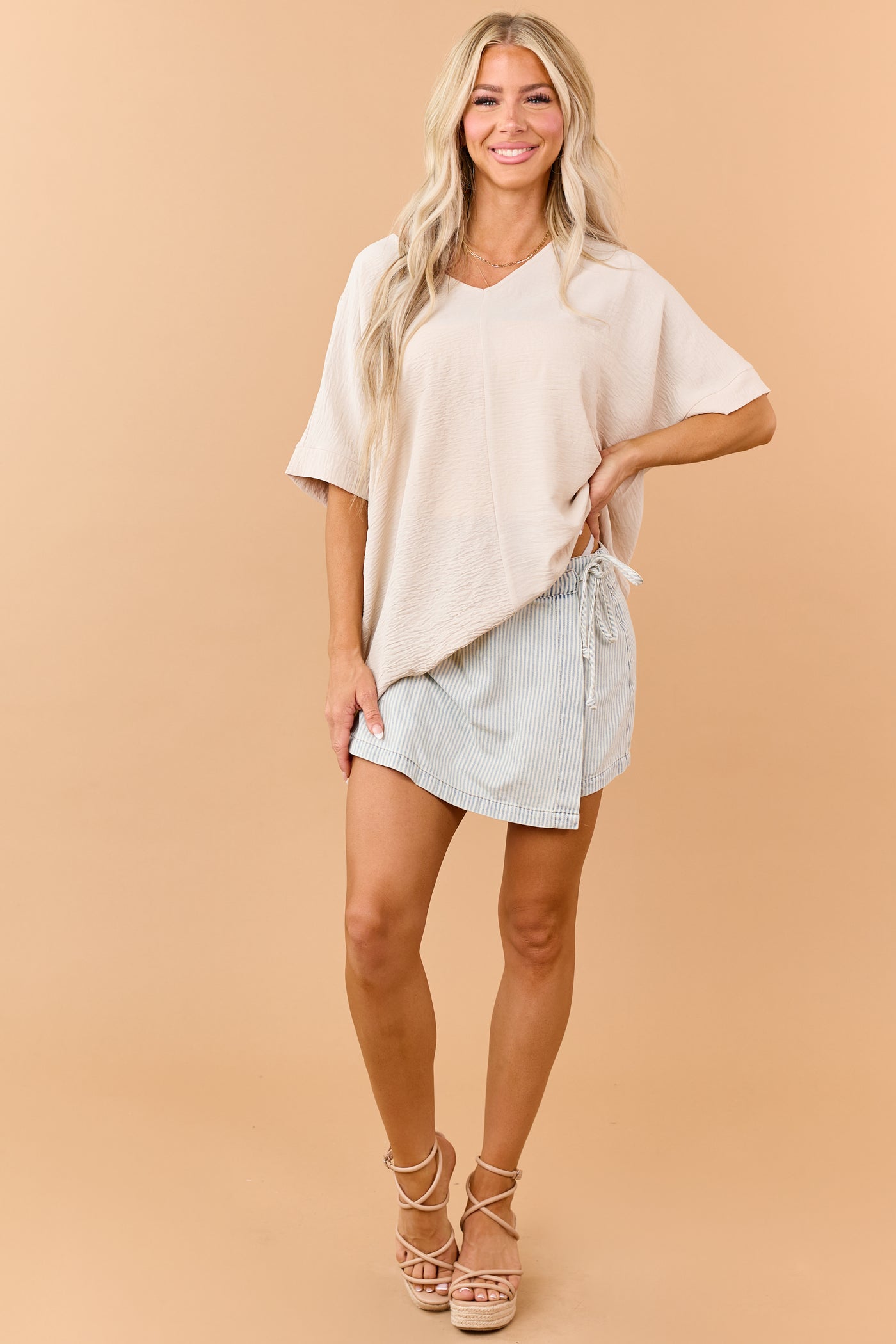 Oatmeal Textured V-Neck Dolman Sleeve Relaxed Top