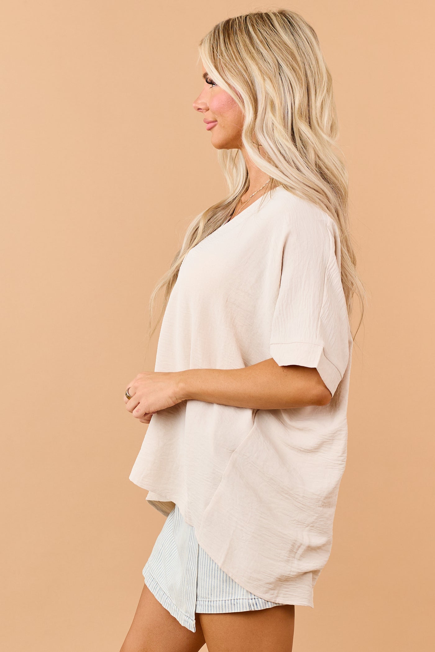 Oatmeal Textured V-Neck Dolman Sleeve Relaxed Top