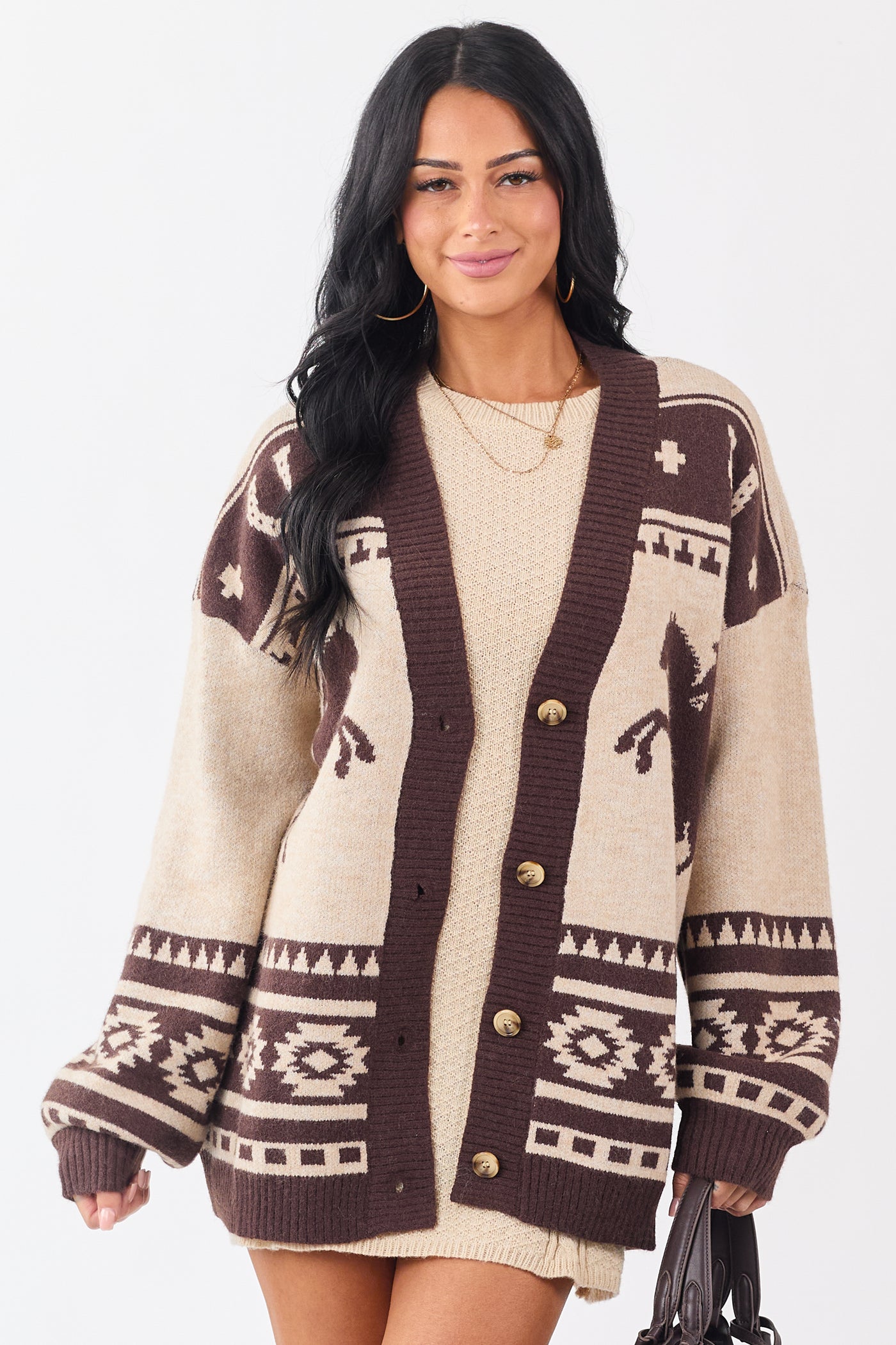Oatmeal Western Horse Graphic Sweater Cardigan