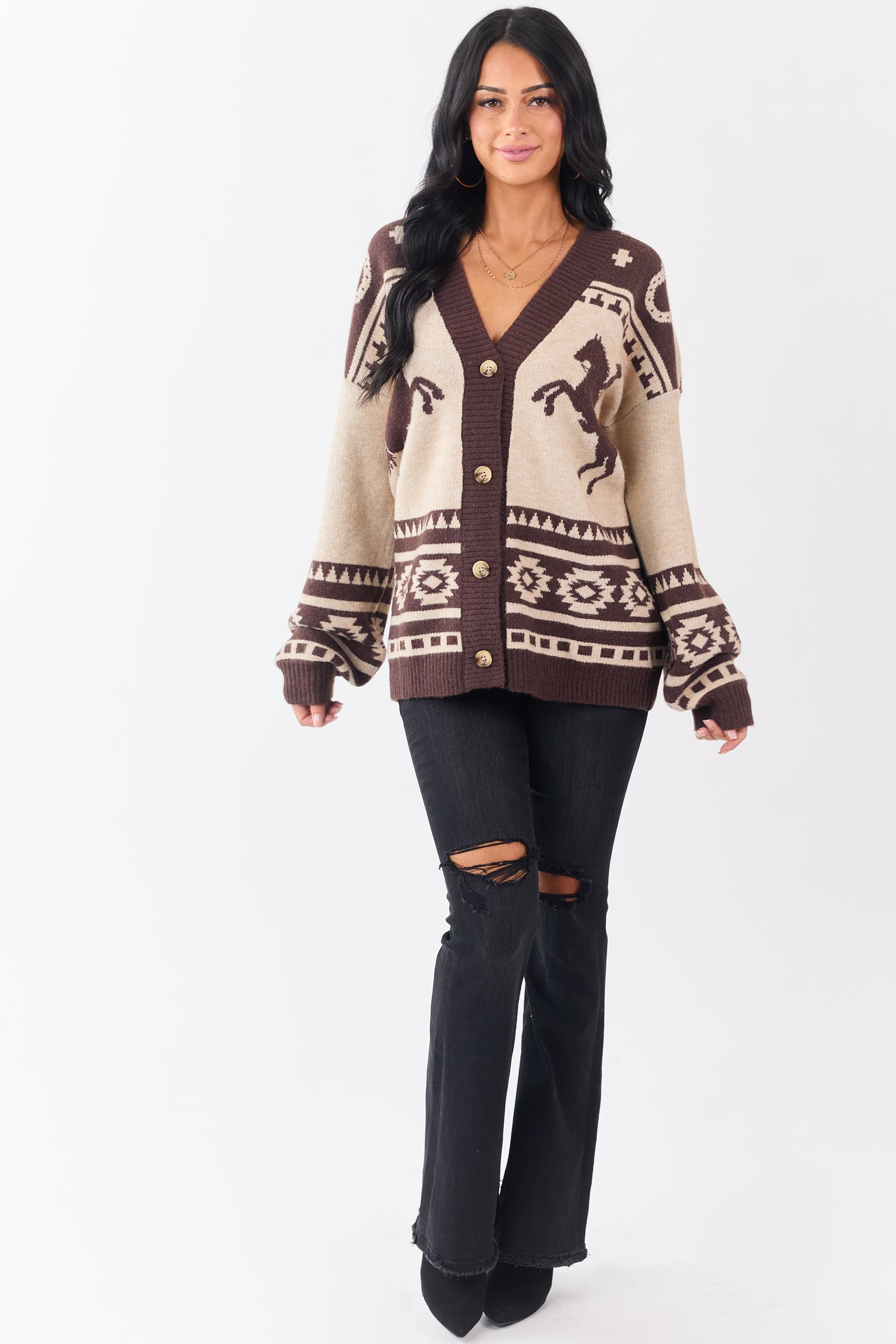Oatmeal Western Horse Graphic Sweater Cardigan