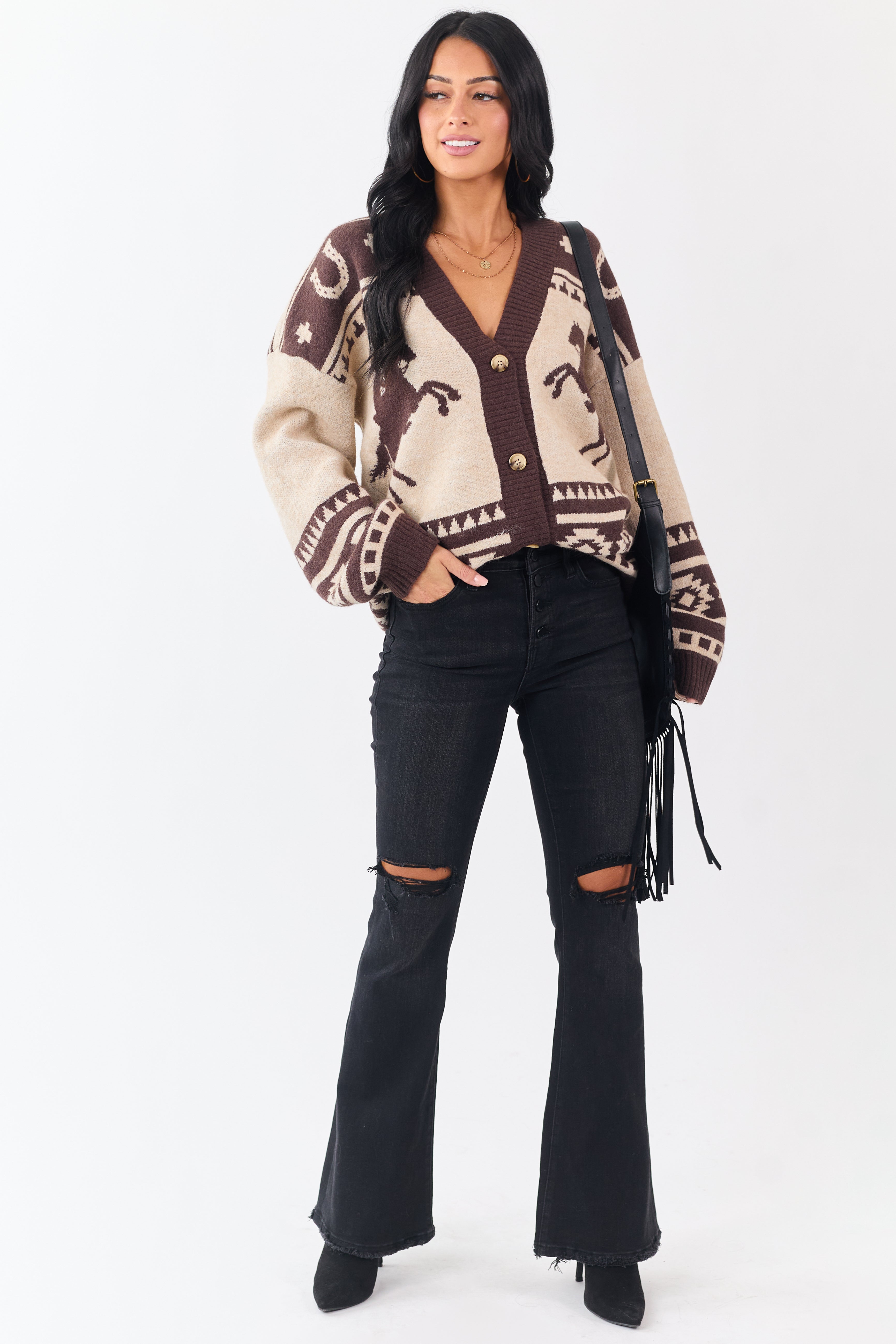 Oatmeal Western Horse Graphic Sweater Cardigan