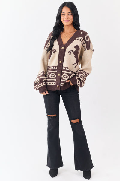 Oatmeal Western Horse Graphic Sweater Cardigan