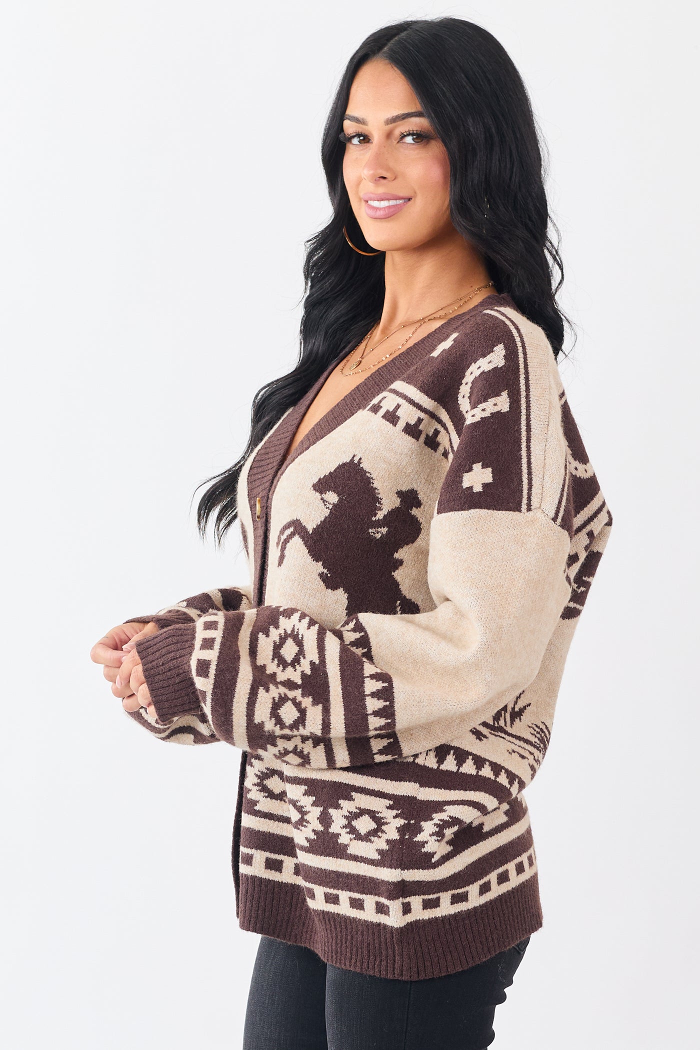Oatmeal Western Horse Graphic Sweater Cardigan