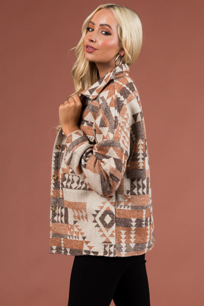 Oatmeal and Caramel Aztec Print Soft Shacket