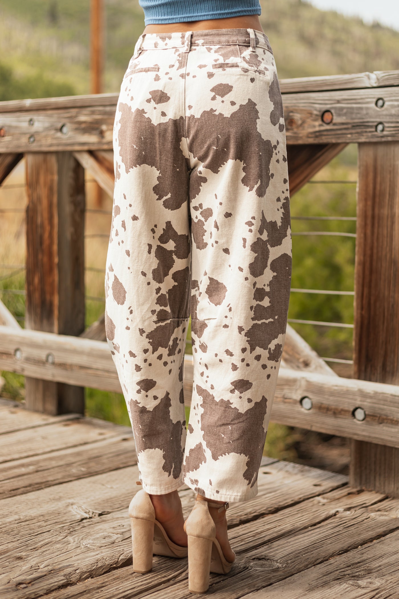 Oatmeal and Chocolate Cow Print Barrel Jeans
