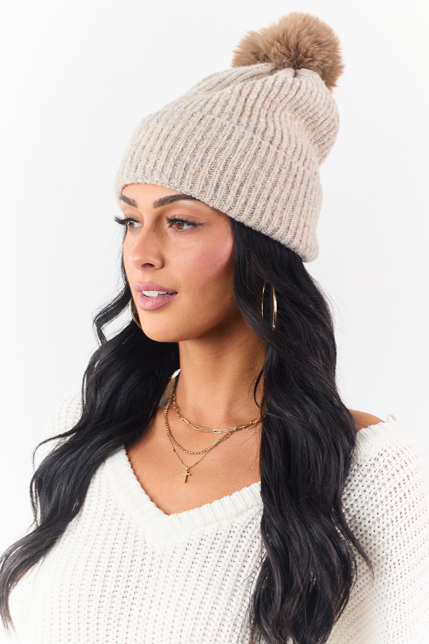 Oatmeal Faux Fur Pom Pom Ribbed Knit Beanie