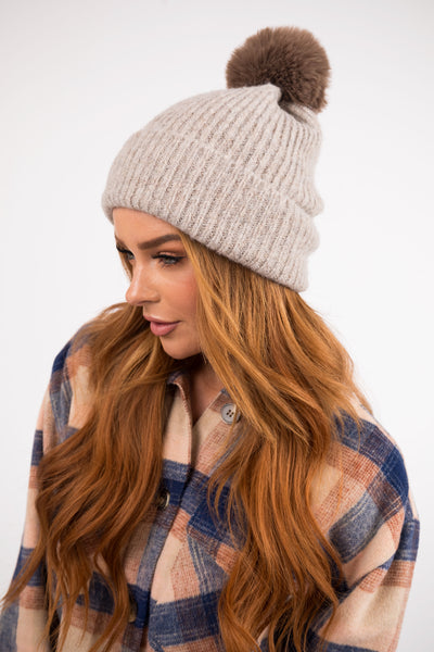 Oatmeal Faux Fur Pom Pom Ribbed Knit Beanie